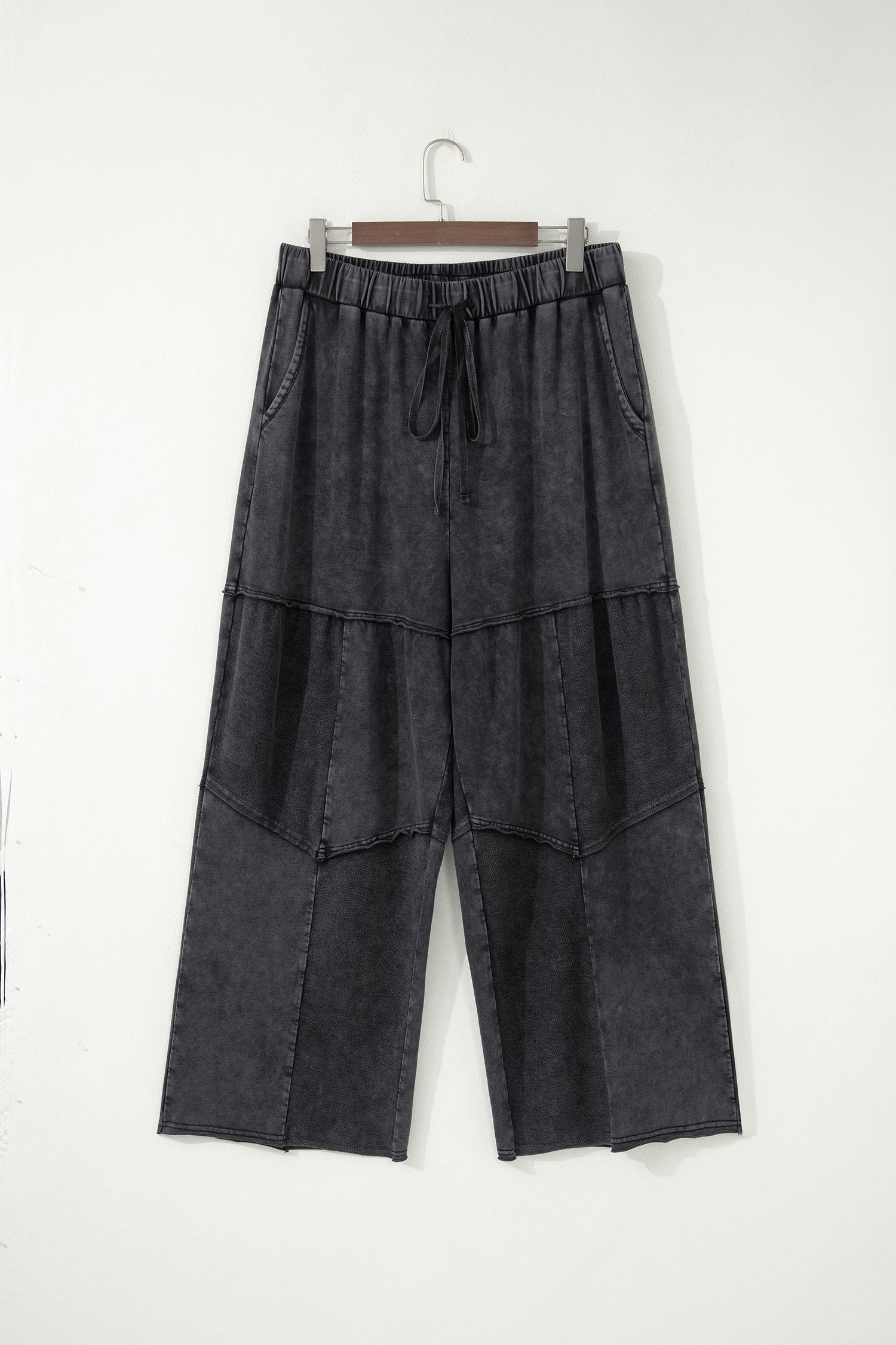 Black Plus Size Mineral Wash Exposed Seam Patchwork Drawstring Loose Pants-Plus Size/Plus Size Bottoms-[Adult]-[Female]-2022 Online Blue Zone Planet