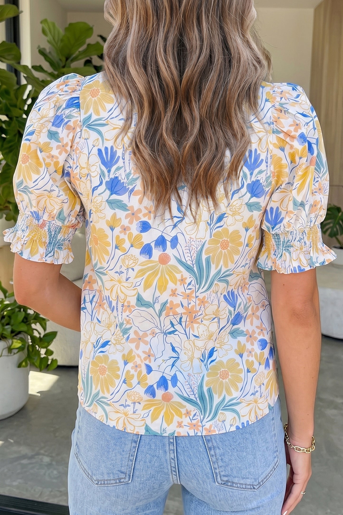 Yellow Floral Print Striped Trim V Neck Puff Sleeve Blouse-Tops/Blouses & Shirts-[Adult]-[Female]-2022 Online Blue Zone Planet