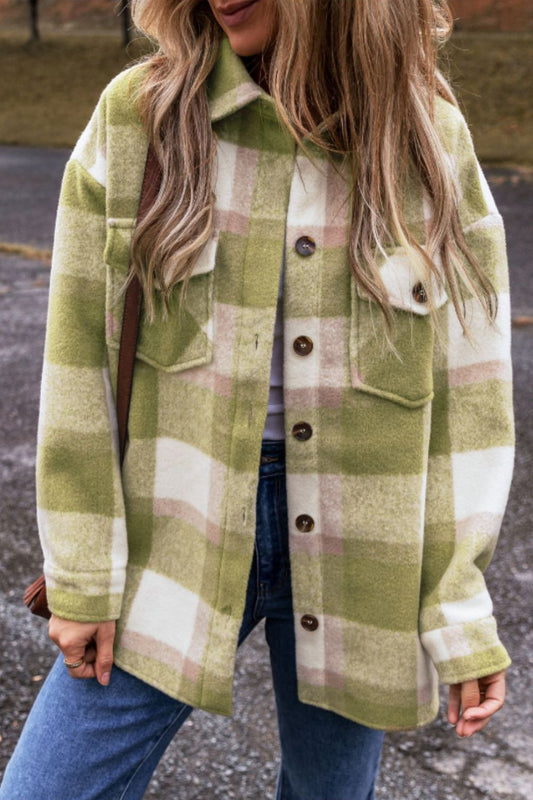 Blue Zone Planet | Pocketed Plaid Collared Neck Shacket-TOPS / DRESSES-[Adult]-[Female]-Sage-S-2022 Online Blue Zone Planet