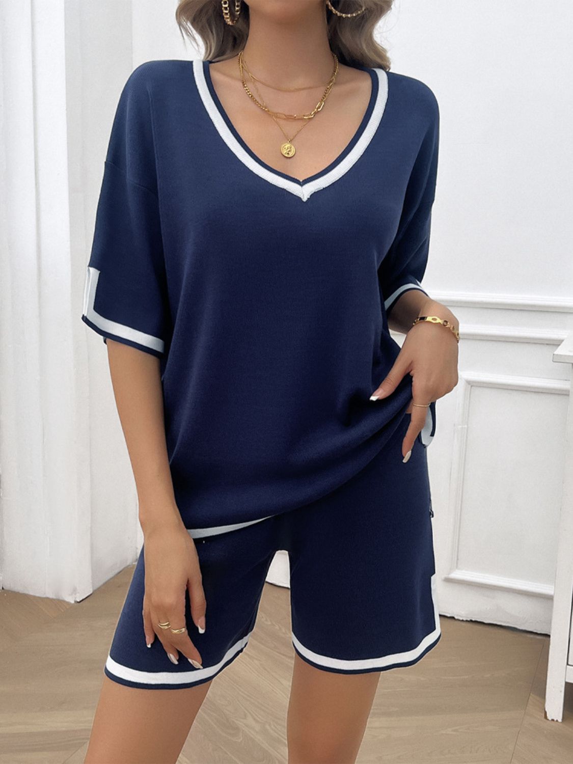 Blue Zone Planet | Devine Contrast Trim V-Neck Top and Shorts Set-TOPS / DRESSES-[Adult]-[Female]-2022 Online Blue Zone Planet