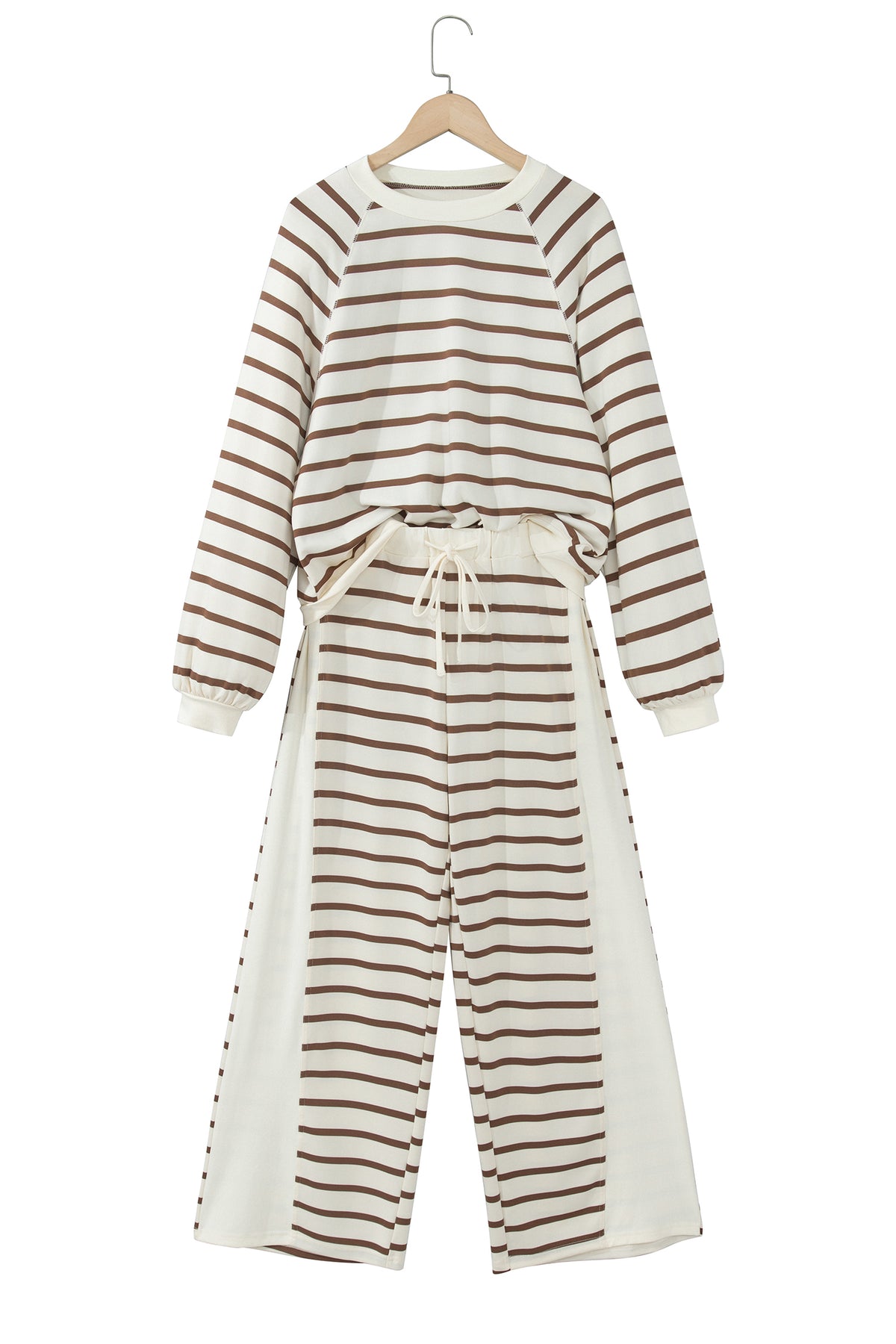 Khaki Stripe Relaxed Long Sleeve Top Color Block Detail Drawstring Pant Set-Two Piece Sets/Pant Sets-[Adult]-[Female]-2022 Online Blue Zone Planet