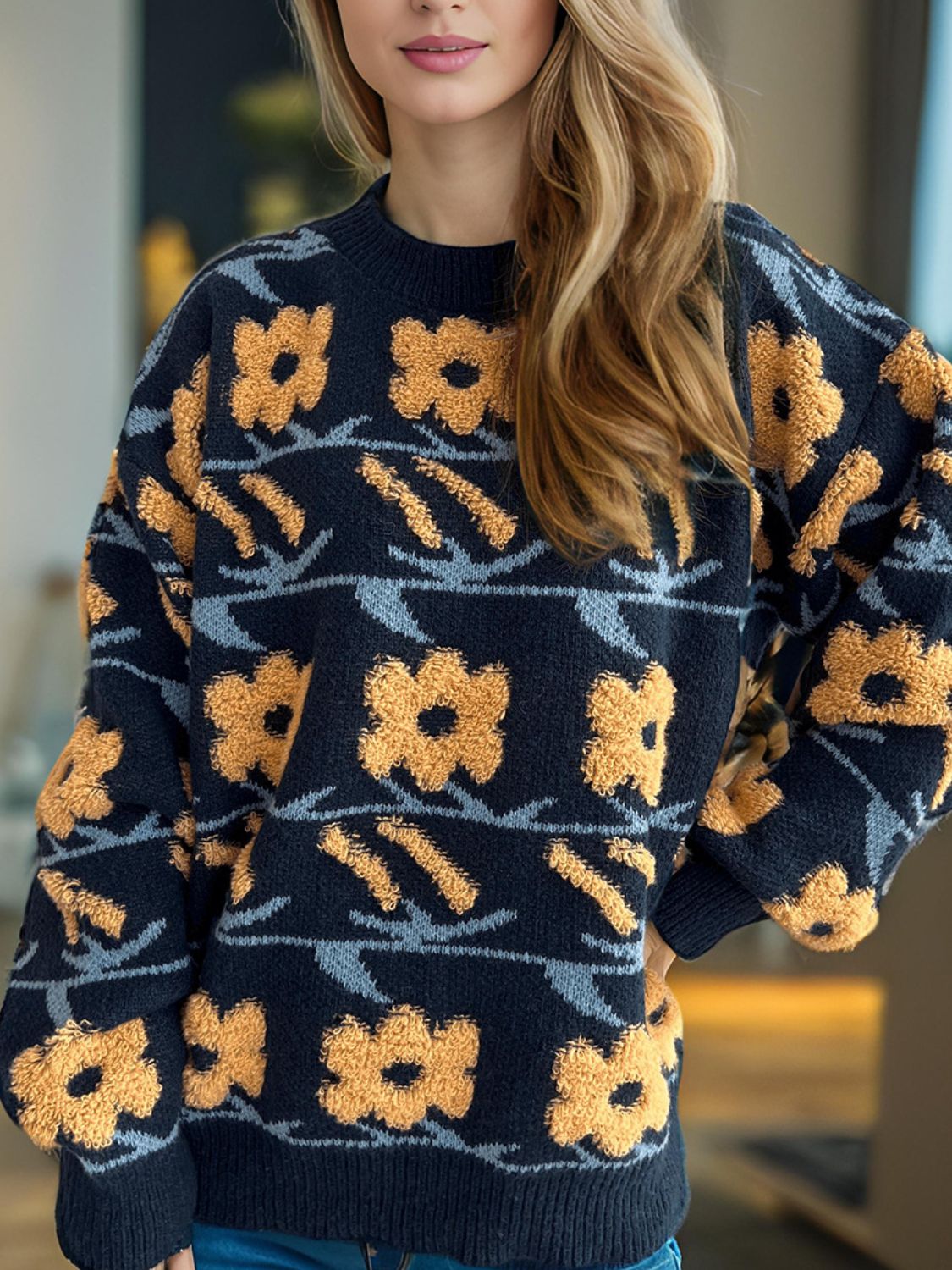 Flower Contrast Round Neck Long Sleeve Sweater-TOPS / DRESSES-[Adult]-[Female]-Dark Blue-One Size-2022 Online Blue Zone Planet