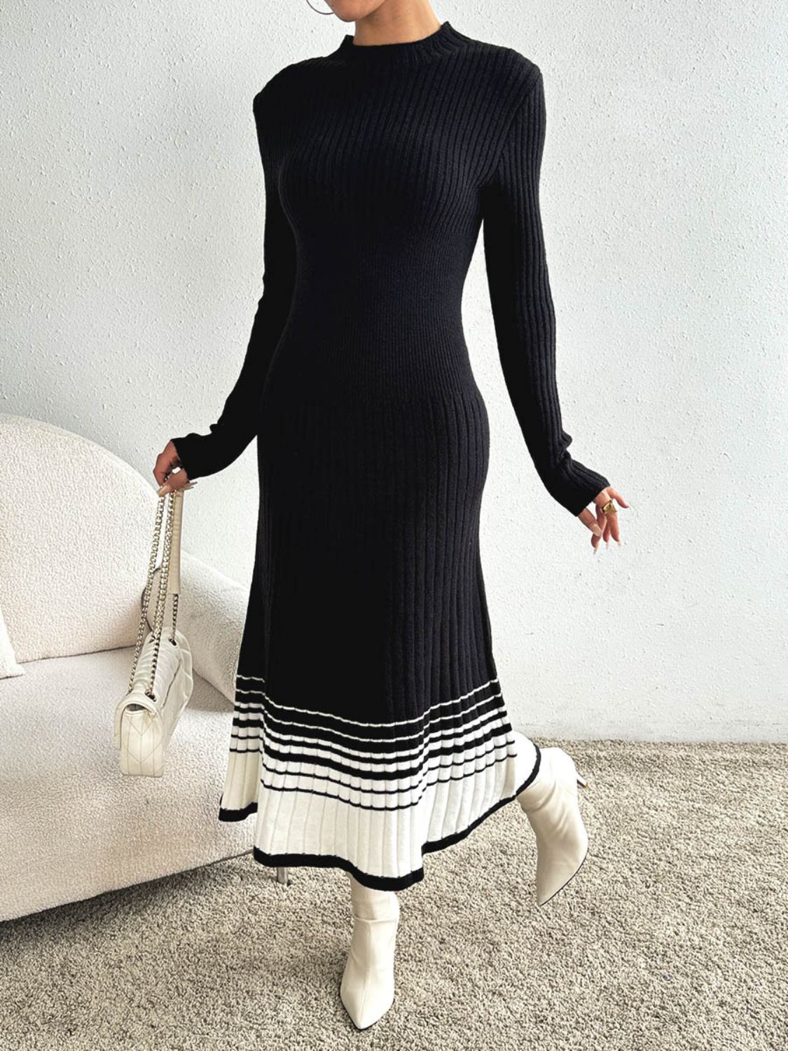 Contrast Mock Neck Long Sleeve Sweater Dress-TOPS / DRESSES-[Adult]-[Female]-2022 Online Blue Zone Planet