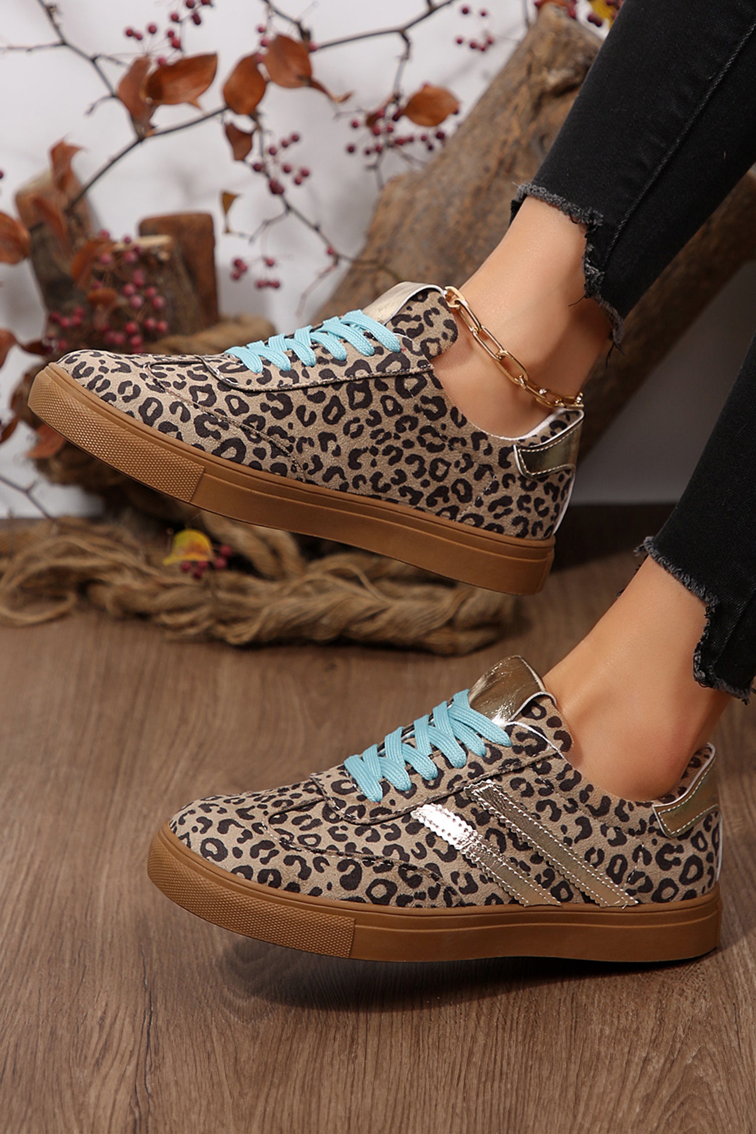 Coffee Faux Suede Leopard Print Sleek PU Leather Detail Lace Up Sneakers-Shoes & Bags/Womens Shoes-[Adult]-[Female]-2022 Online Blue Zone Planet