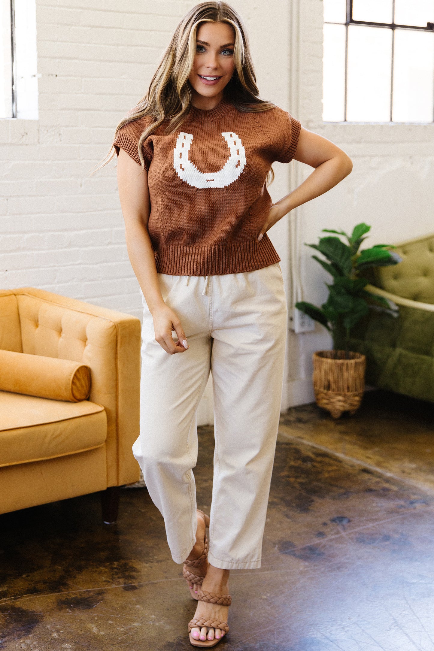 Chestnut Western Horseshoe Pattern Short Sleeve Knit Sweater-TOPS / DRESSES-[Adult]-[Female]-2022 Online Blue Zone Planet