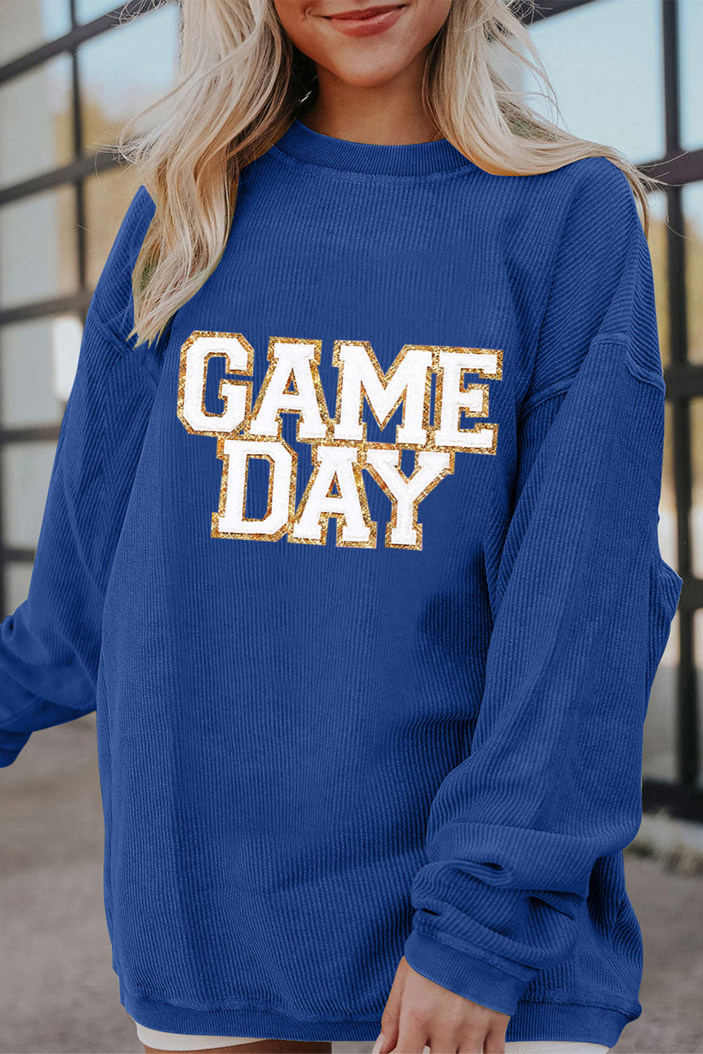 Dark Blue GAME DAY Glitter Detail Ribbed Drop Shoulder Sweatshirt-Graphic/Graphic Sweatshirts-[Adult]-[Female]-Dark Blue-S-2022 Online Blue Zone Planet