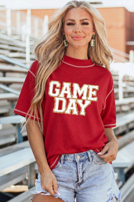 Racing Red Shiny Game Day Lettering Contrast Seam Detail Graphic Tee-Graphic/Graphic Tees-[Adult]-[Female]-Racing Red-S-2022 Online Blue Zone Planet