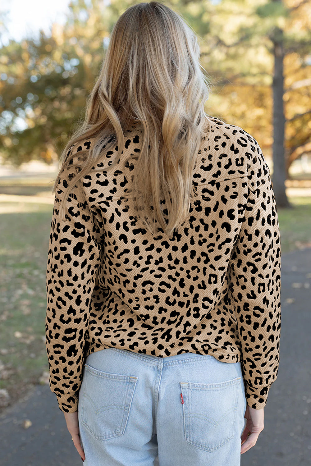 Parchment Leopard Polo Collar V Neck Pullover Top-Tops/Long Sleeve Tops-[Adult]-[Female]-2022 Online Blue Zone Planet