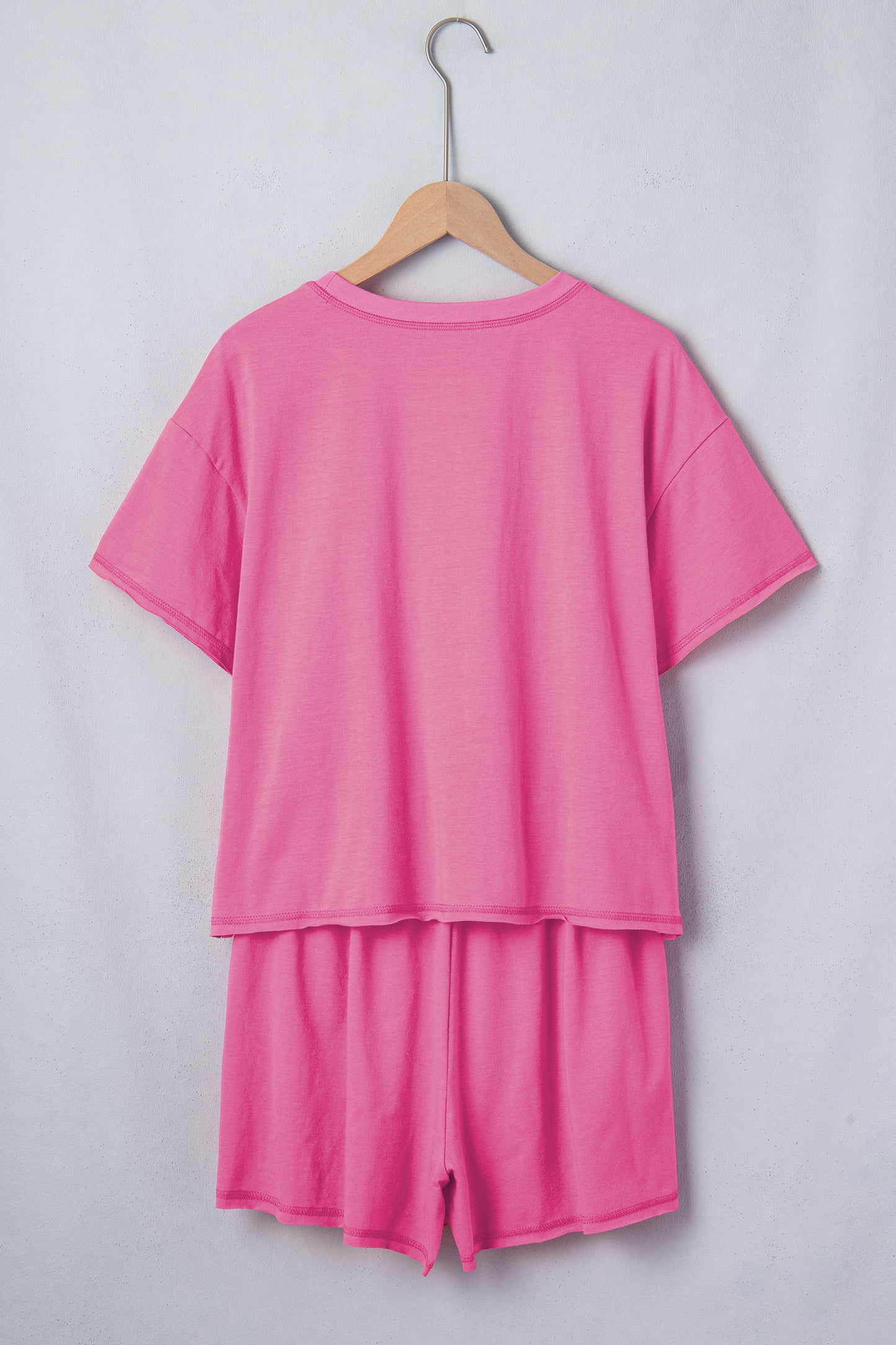 Bright Pink Seam Detail Raw Edge Tee Rainbow Waistband Casual Short Set-Two Piece Sets/Short Sets-[Adult]-[Female]-2022 Online Blue Zone Planet