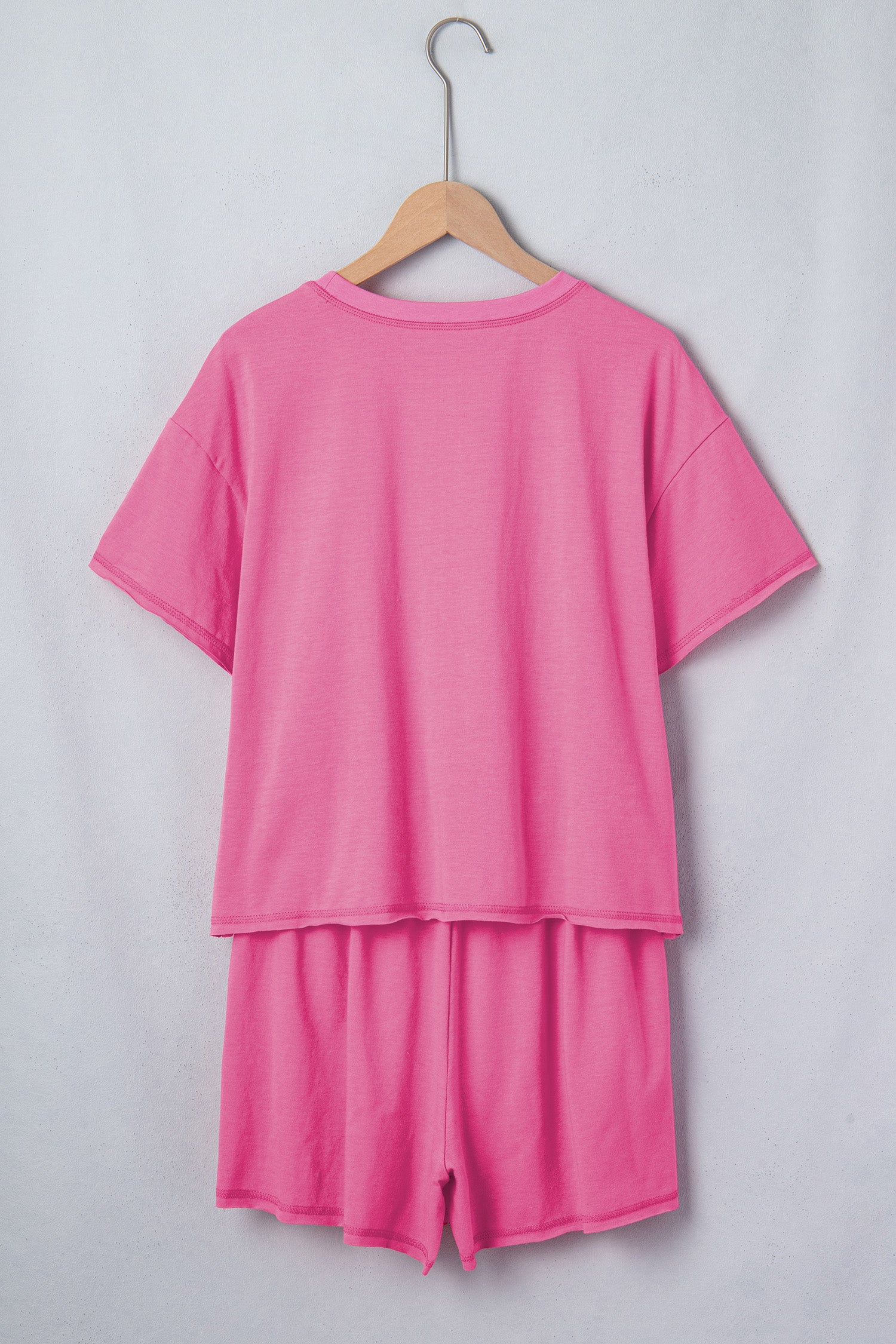 Bright Pink Seam Detail Raw Edge Tee Rainbow Waistband Casual Short Set-Two Piece Sets/Short Sets-[Adult]-[Female]-2022 Online Blue Zone Planet