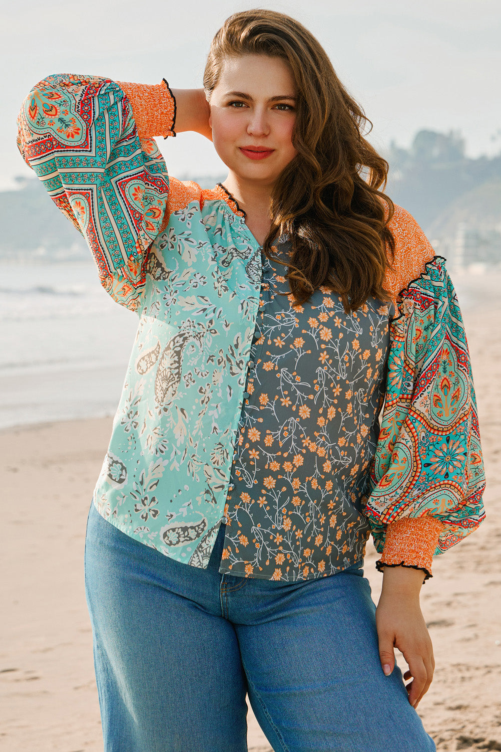 Blue Zone Planet | Green Floral Patchwork Lantern Sleeve Buttoned V Neck Plus Size Blouse-Plus Size/Plus Size Tops/Plus Size Blouses & Shirts-[Adult]-[Female]-2022 Online Blue Zone Planet
