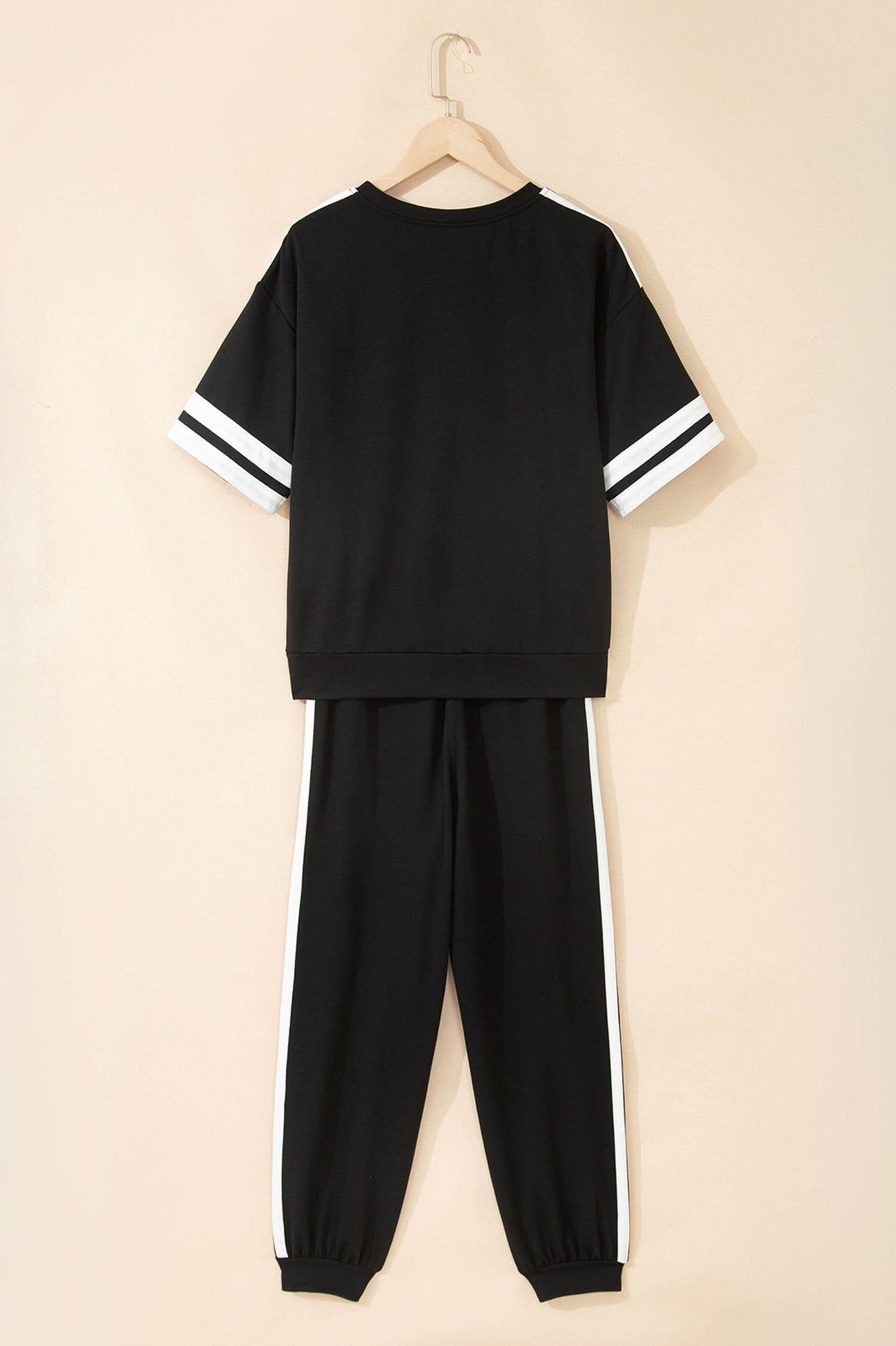 Black Varsity Striped Detail Loose Tee Jogger Pants 2pcs Outfit-Two Piece Sets/Pant Sets-[Adult]-[Female]-2022 Online Blue Zone Planet