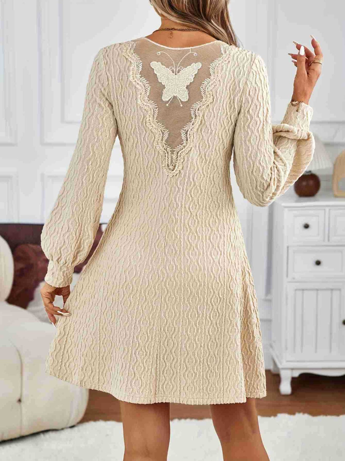 Lace Detail V-Neck Long Sleeve Dress-TOPS / DRESSES-[Adult]-[Female]-2022 Online Blue Zone Planet