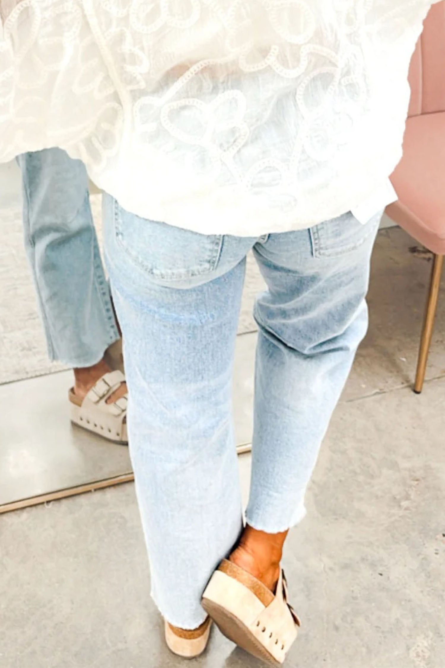 Beau Blue Sequin Detail Patched Rugby Pattern Raw Hem Shift Jeans-Graphic/Graphic Pants-[Adult]-[Female]-2022 Online Blue Zone Planet