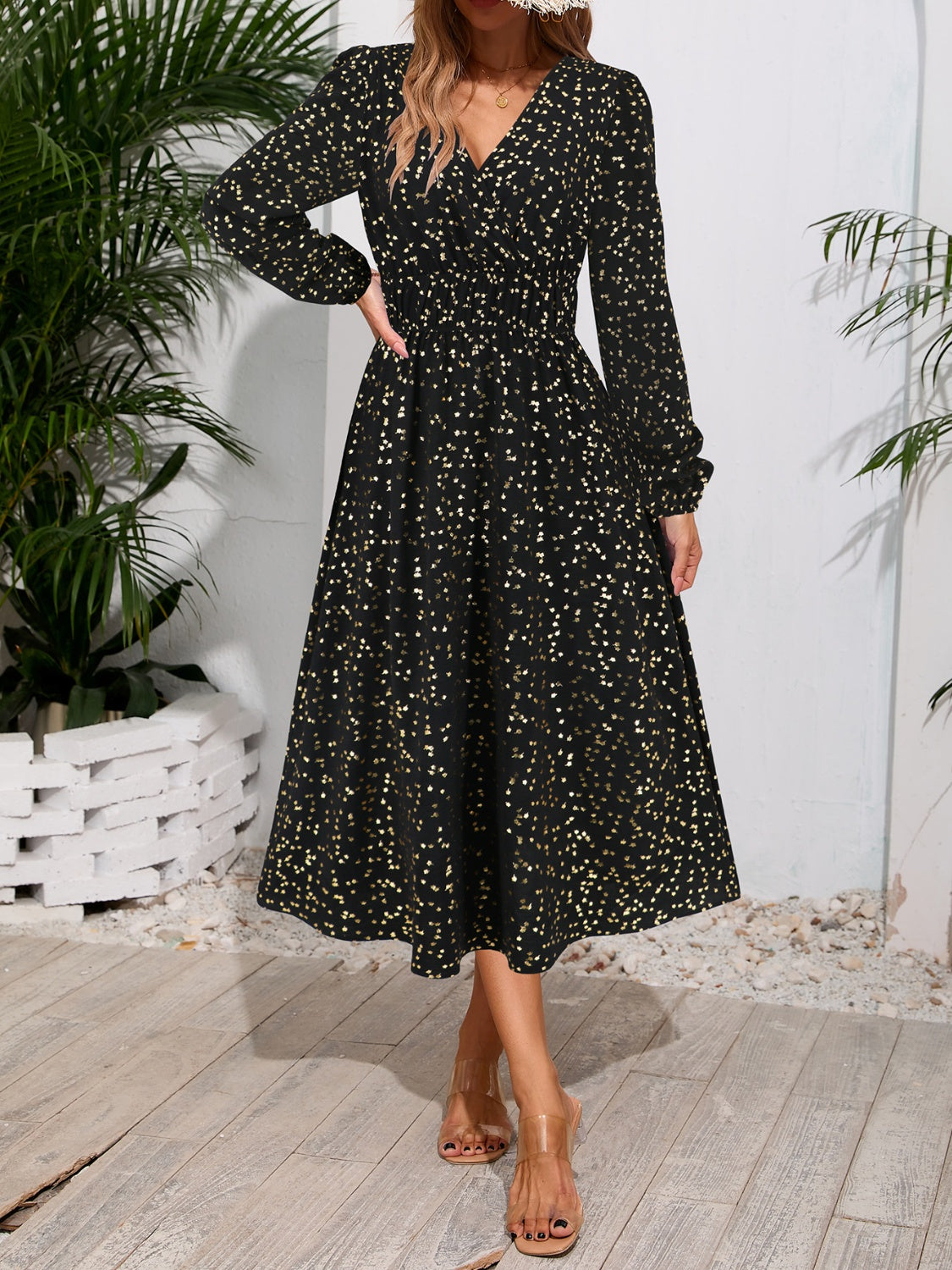 Printed Surplice Long Sleeve Midi Dress-TOPS / DRESSES-[Adult]-[Female]-2022 Online Blue Zone Planet