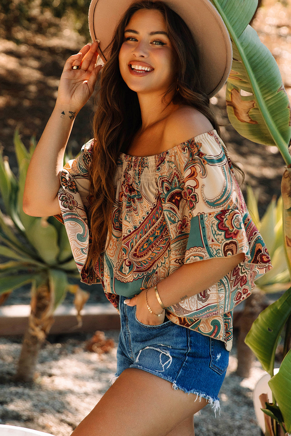 Apricot Paisley Printed Shirred Off Shoulder Ruffled Draped Sleeve Blouse-Tops/Blouses & Shirts-[Adult]-[Female]-2022 Online Blue Zone Planet