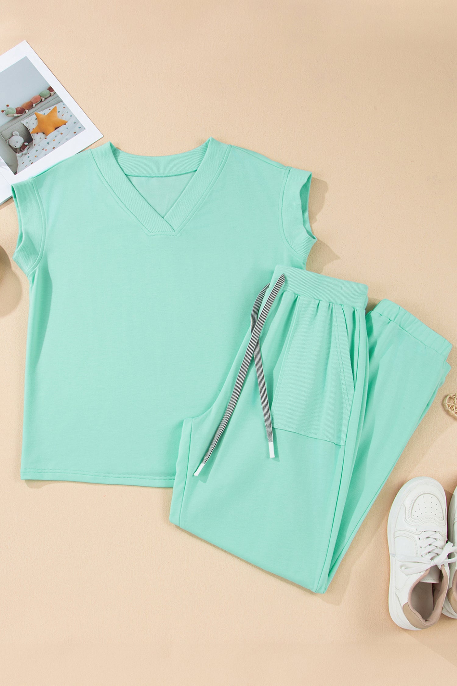Mint Green Solid Color V Neck Tee Drawstring Pant Set-Two Piece Sets/Pant Sets-[Adult]-[Female]-2022 Online Blue Zone Planet