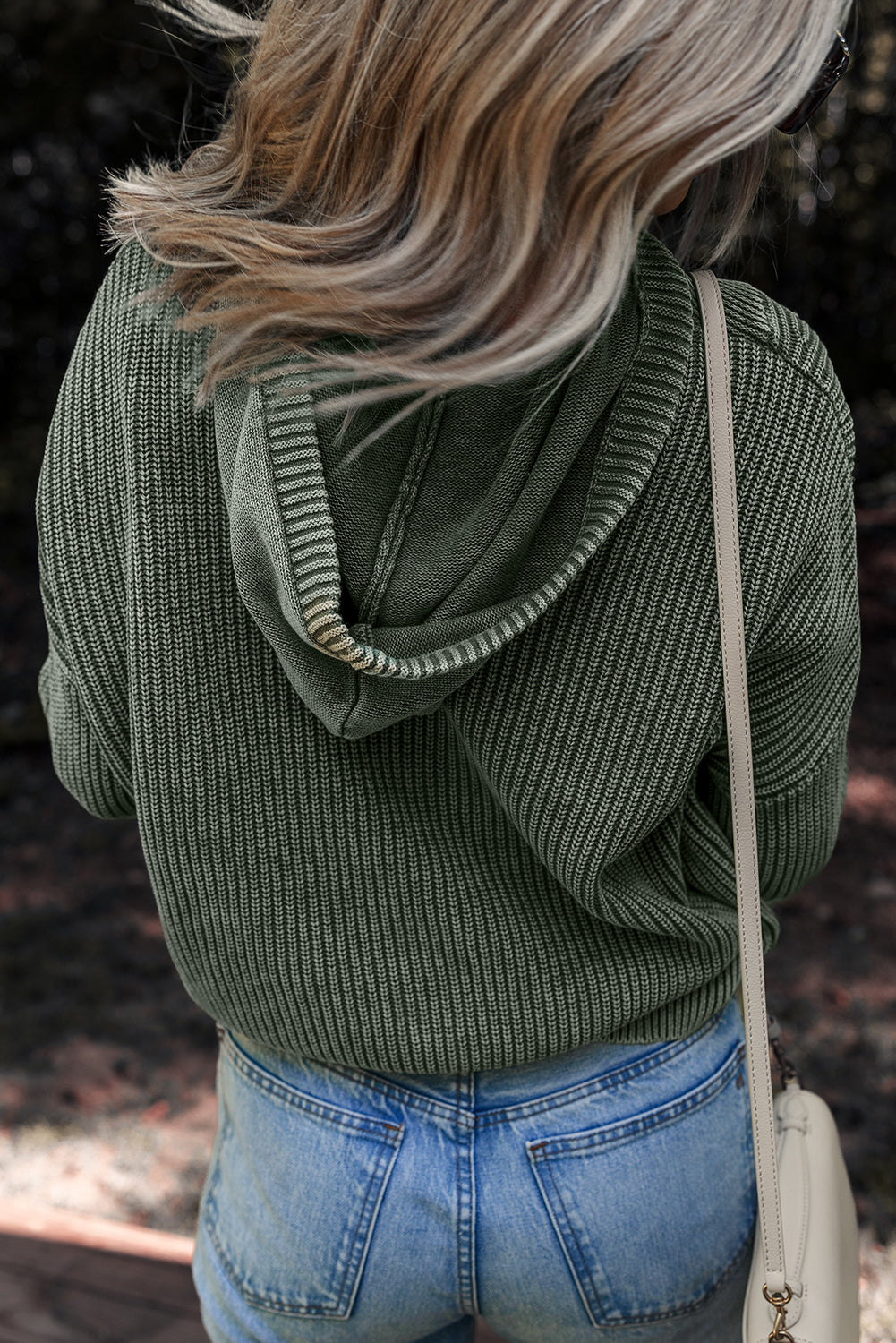 Mist Green Mineral Wash Ribbed Knit Button Drawstring Neck Hooded Sweater-Sweaters & Cardigans/Sweaters-[Adult]-[Female]-2022 Online Blue Zone Planet