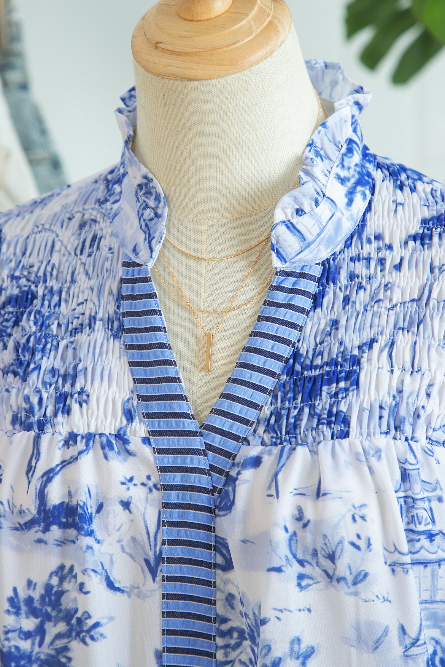 Blue Wild Animal Paradise Striped Detail V Neck Blouse-Tops/Blouses & Shirts-[Adult]-[Female]-2022 Online Blue Zone Planet