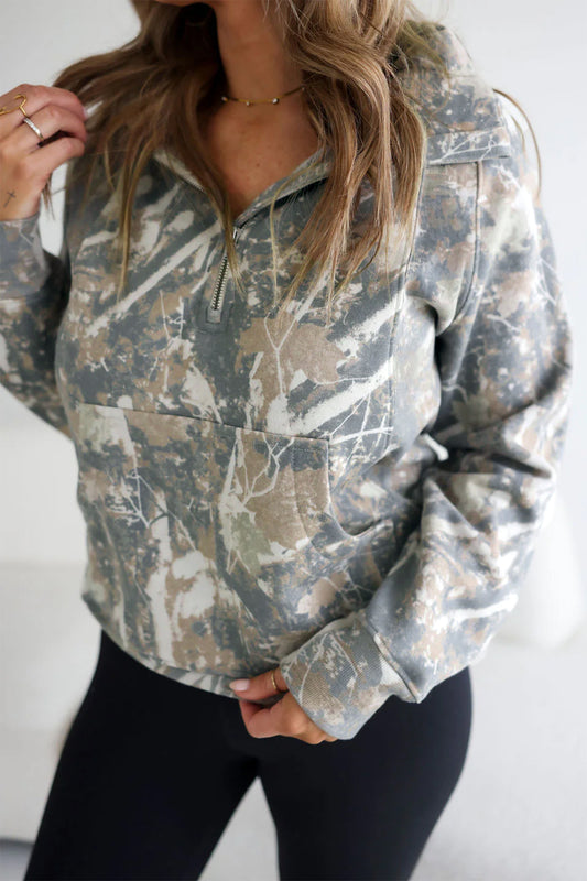 Multicolour Abstract Print Quarter Zip Kangaroo Pocket Sweatshirt-Tops/Sweatshirts & Hoodies-[Adult]-[Female]-Multicolour-S-2022 Online Blue Zone Planet
