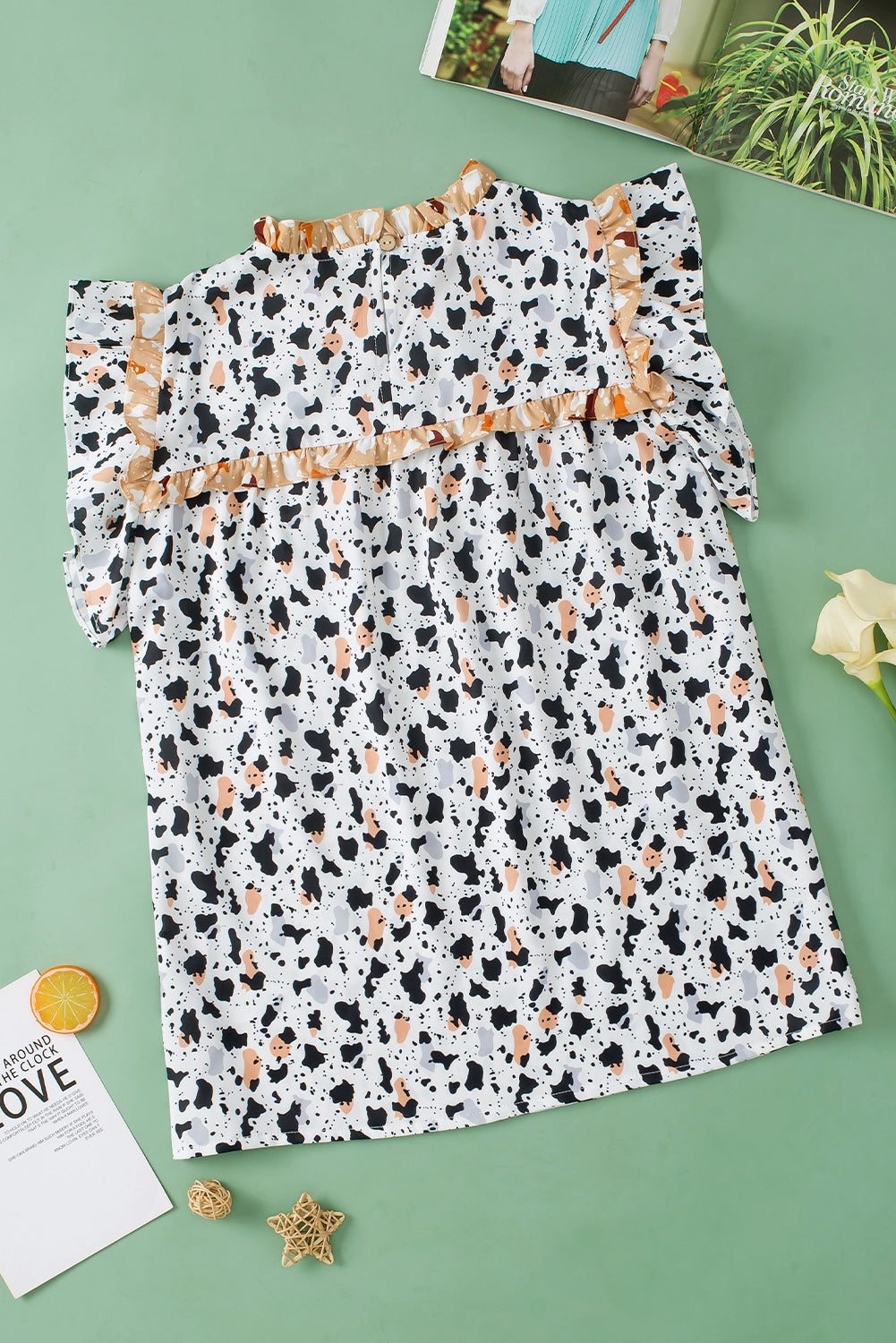 White Frilly Trim Leopard Animal Spots Blouse-Tops/Blouses & Shirts-[Adult]-[Female]-2022 Online Blue Zone Planet