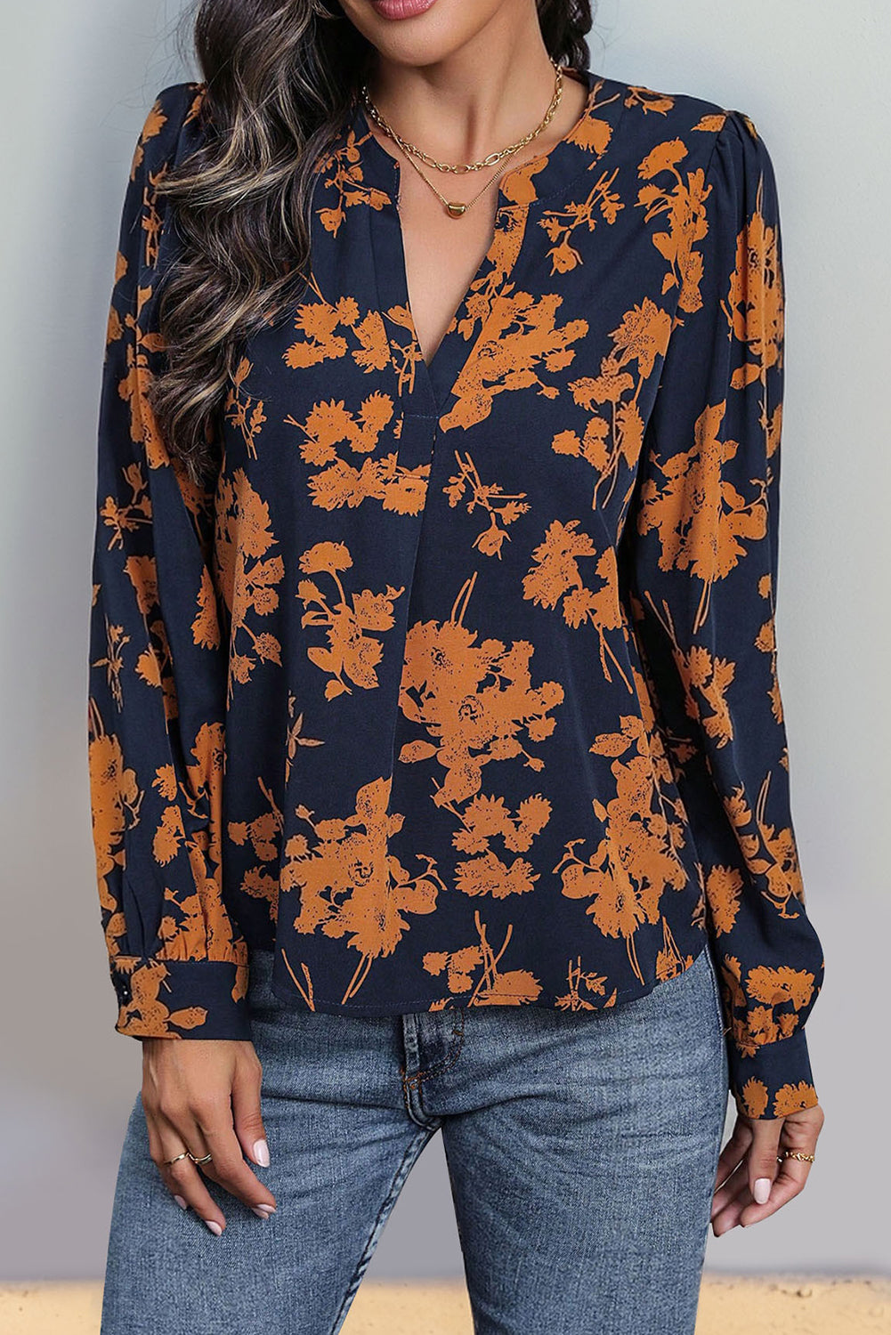 Navy Blue Floral Print Long Sleeve Blouse-Blouses-[Adult]-[Female]-2022 Online Blue Zone Planet