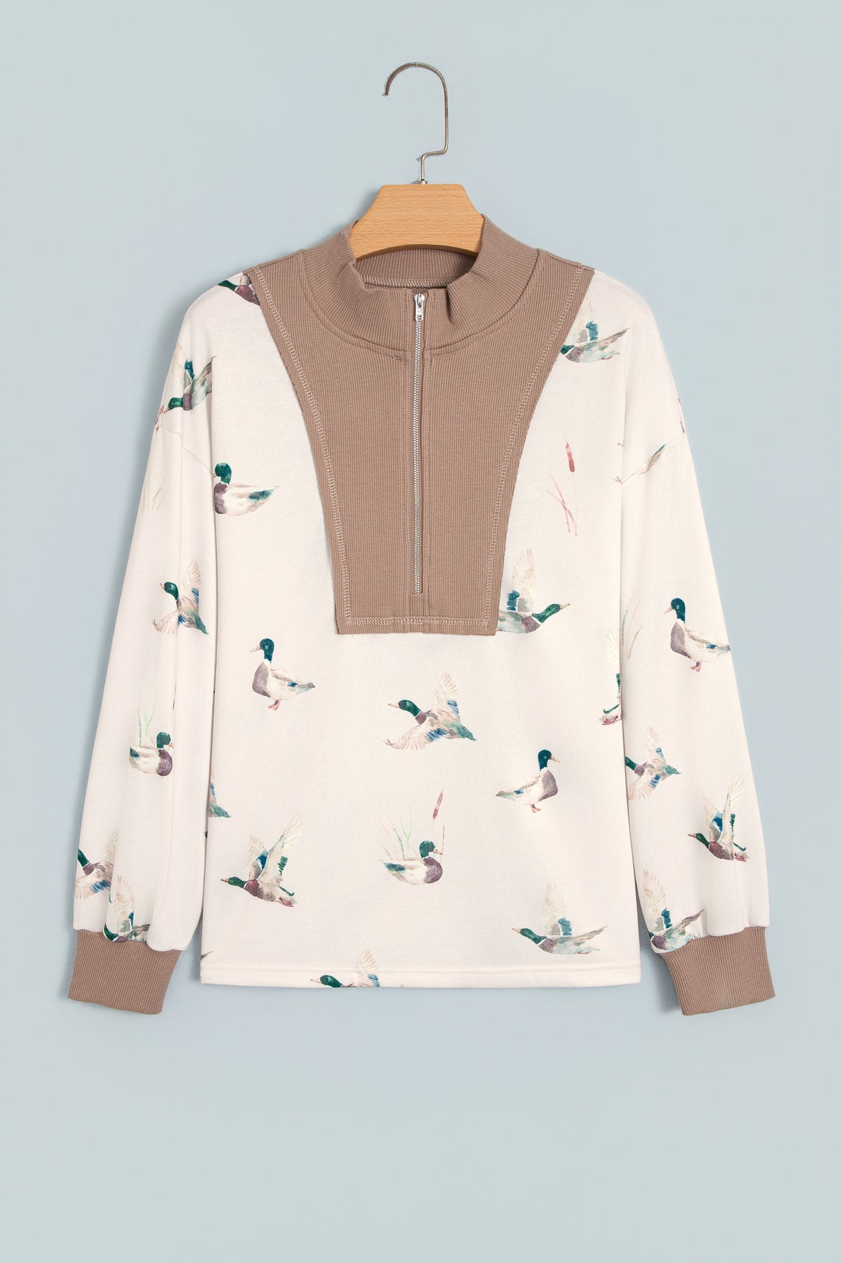 Beige Wild Mallard Print Color Block Patchwork Zip Neck Tunic Top-Tops/Long Sleeve Tops-[Adult]-[Female]-2022 Online Blue Zone Planet