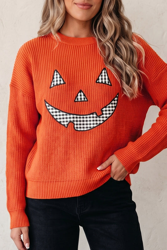 Orange Drop Shoulder Long Sleeve Round Neck Halloween Sweater-Sweaters & Cardigans/Sweaters-[Adult]-[Female]-2022 Online Blue Zone Planet