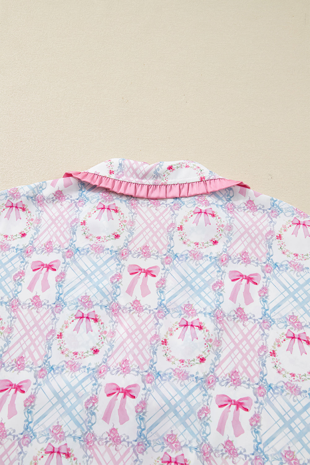 Pink Bow Wreath Pattern Christmas Holiday Tied Front Long Sleeve 2pcs Pajama Set-Loungewear & Sleepwear/Sleepwear-[Adult]-[Female]-2022 Online Blue Zone Planet