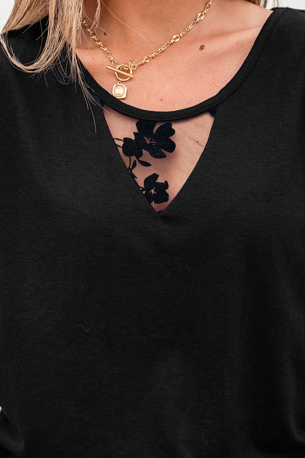 Black Flora Lace Patchwork Crew Neck T Shirt-Tops/Tops & Tees-[Adult]-[Female]-2022 Online Blue Zone Planet