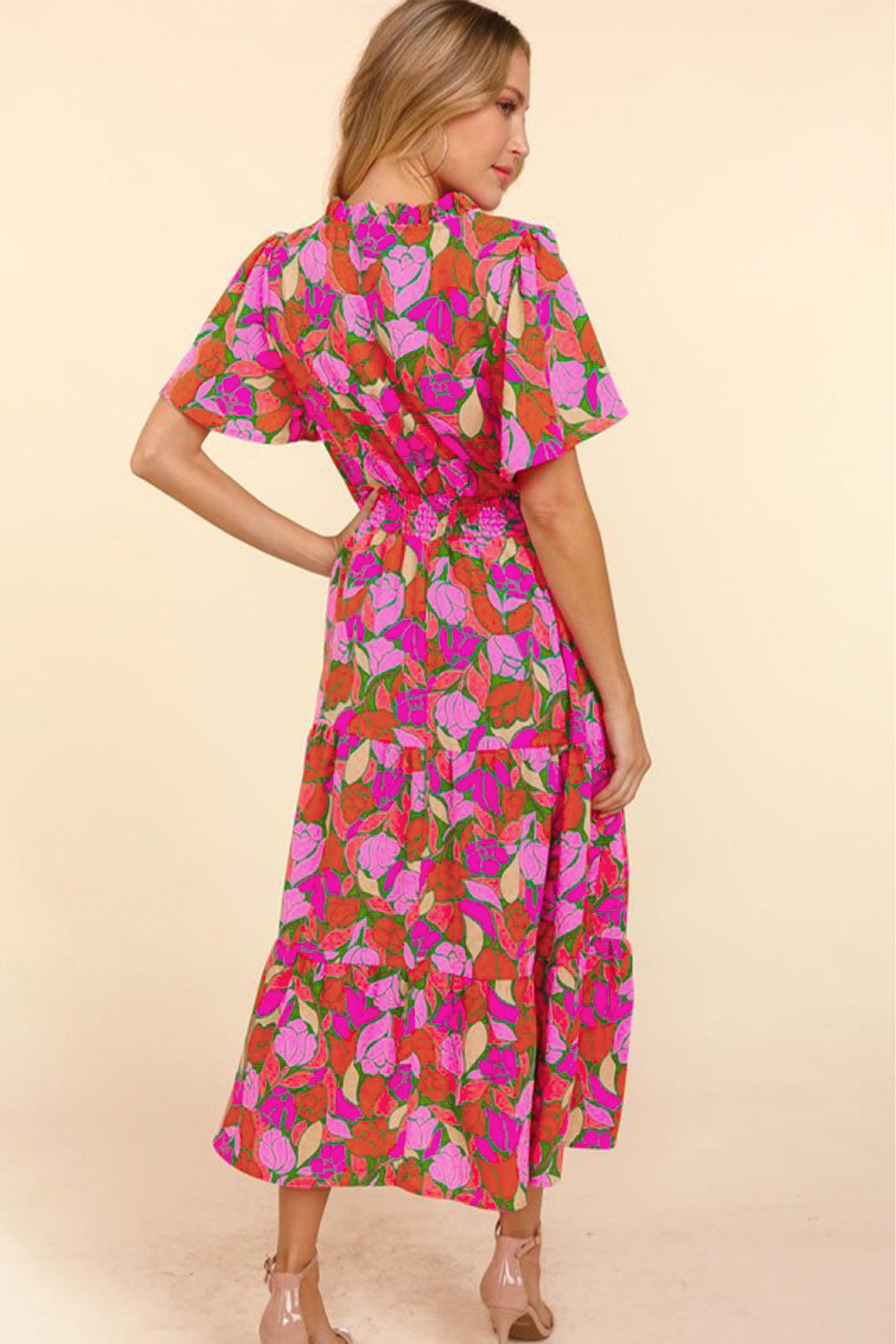 Blue Zone Planet | Pink Floral Short Sleeve Smocked Waist Maxi Dress-TOPS / DRESSES-[Adult]-[Female]-2022 Online Blue Zone Planet