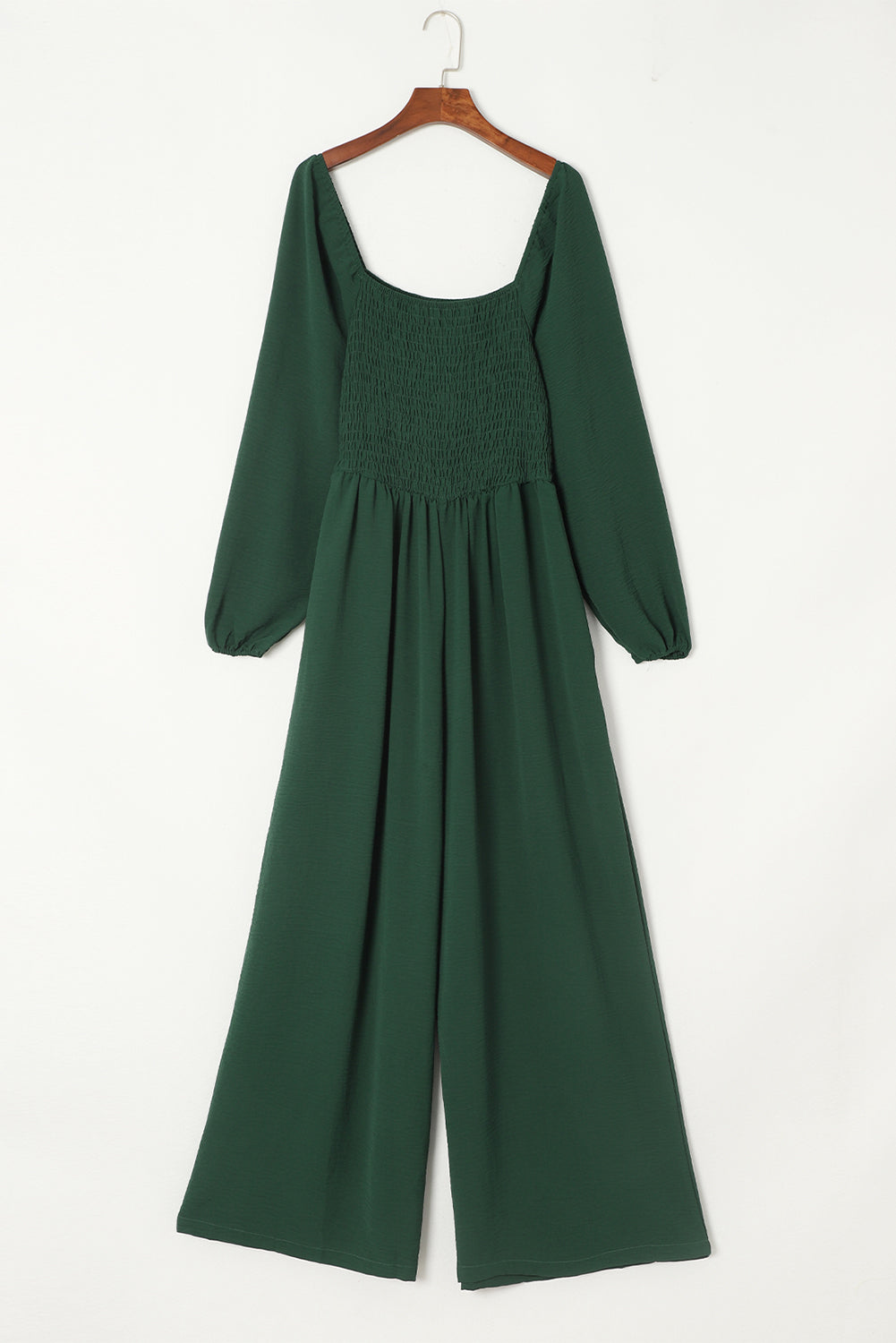 Green Smocked Square Neck Long Sleeve Wide Leg Jumpsuit-Jumpsuits-[Adult]-[Female]-2022 Online Blue Zone Planet