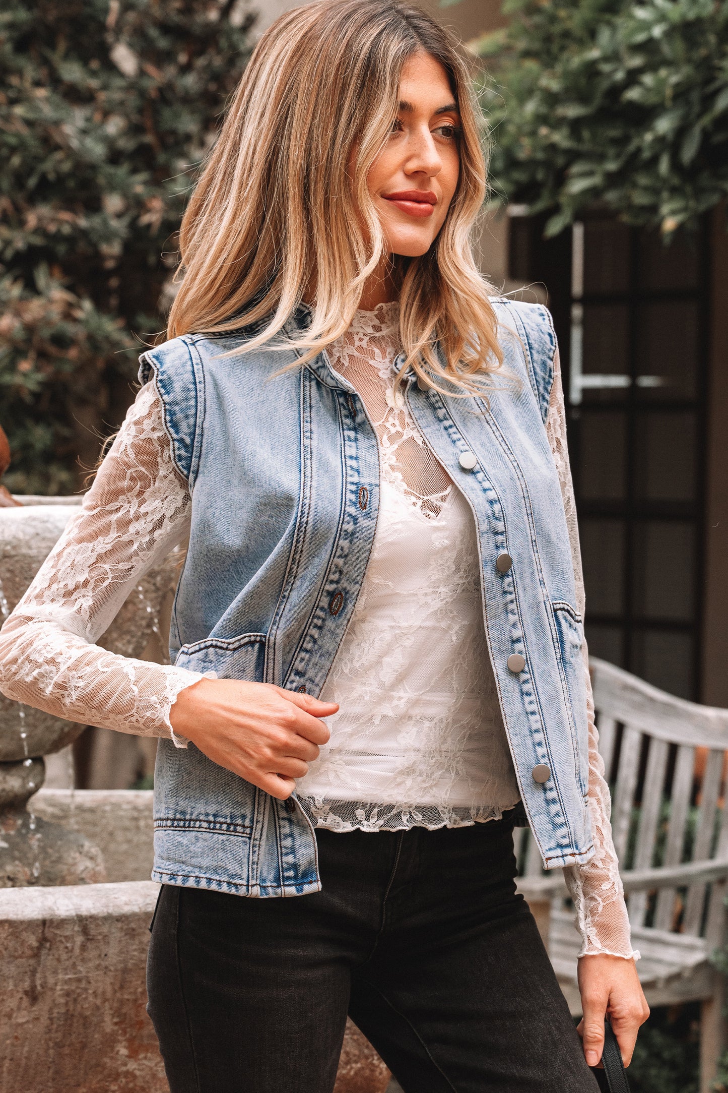 Beau Blue Scalloped Trim Patch Pocket Button Front Denim Vest-Outerwear/Vests-[Adult]-[Female]-2022 Online Blue Zone Planet