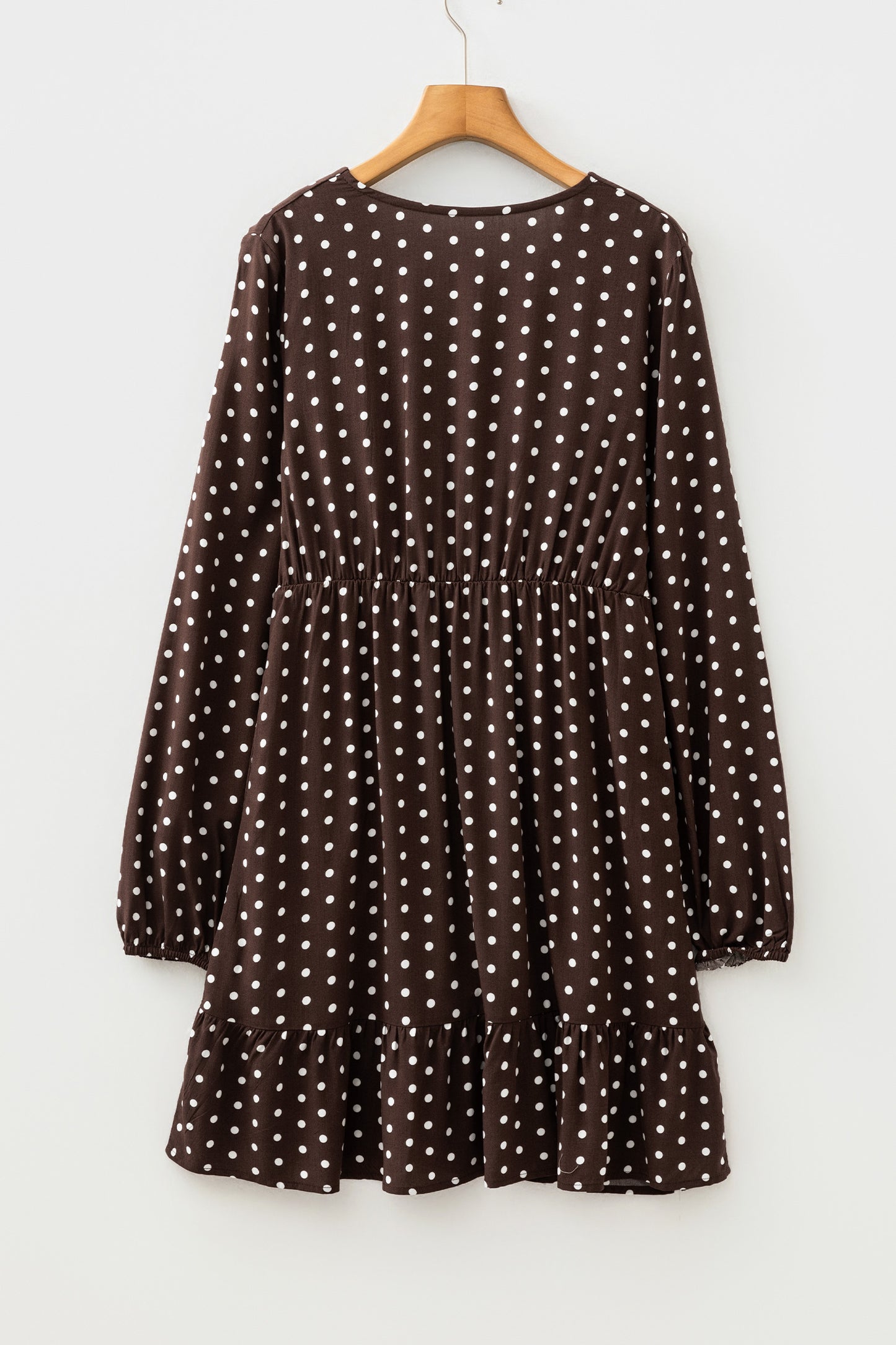 Chicory Coffee Polka Dot Long Sleeve Wrap V Neck Ruffle Hem Mini Dress-TOPS / DRESSES-[Adult]-[Female]-2022 Online Blue Zone Planet