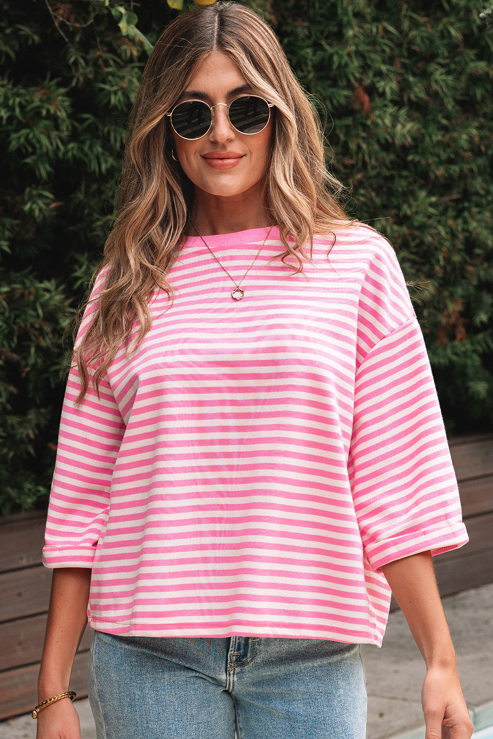 Pink Stripe Bowknot Cutout Back Drop Shoulder Wide Bracelet Sleeve Loose Tee-Tops/Tops & Tees-[Adult]-[Female]-2022 Online Blue Zone Planet