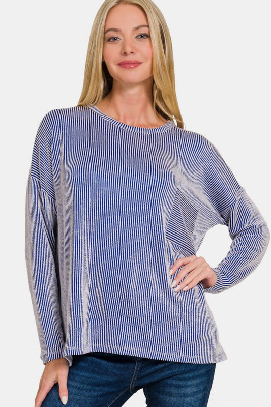 Zenana Ribbed Striped Long Sleeve T-Shirt-TOPS / DRESSES-[Adult]-[Female]-Bright Blue-S/M-2022 Online Blue Zone Planet