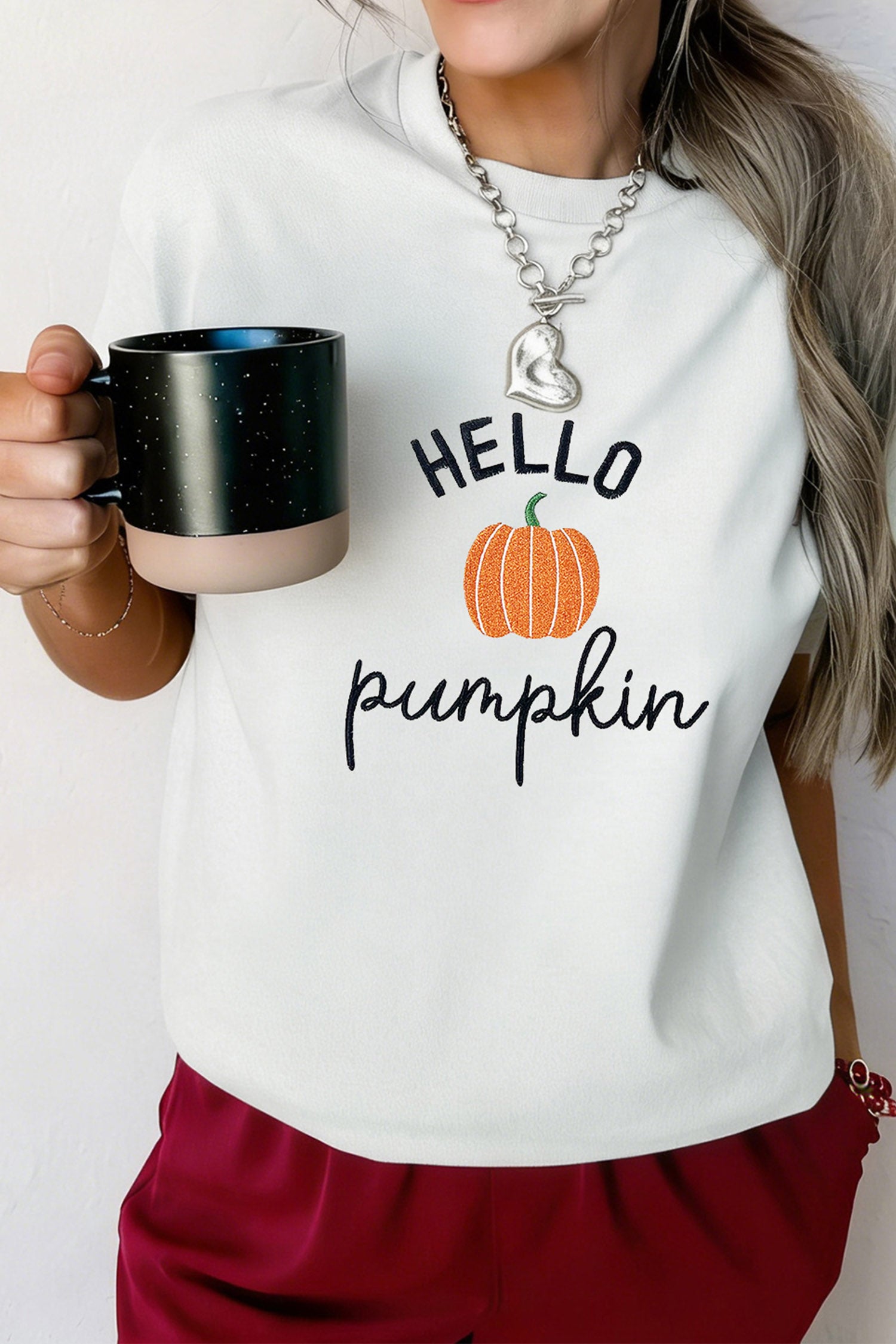White Embroidered Pumpkin Slogan Short Sleeve T-Shirt-Graphic/Graphic Tees-[Adult]-[Female]-2022 Online Blue Zone Planet