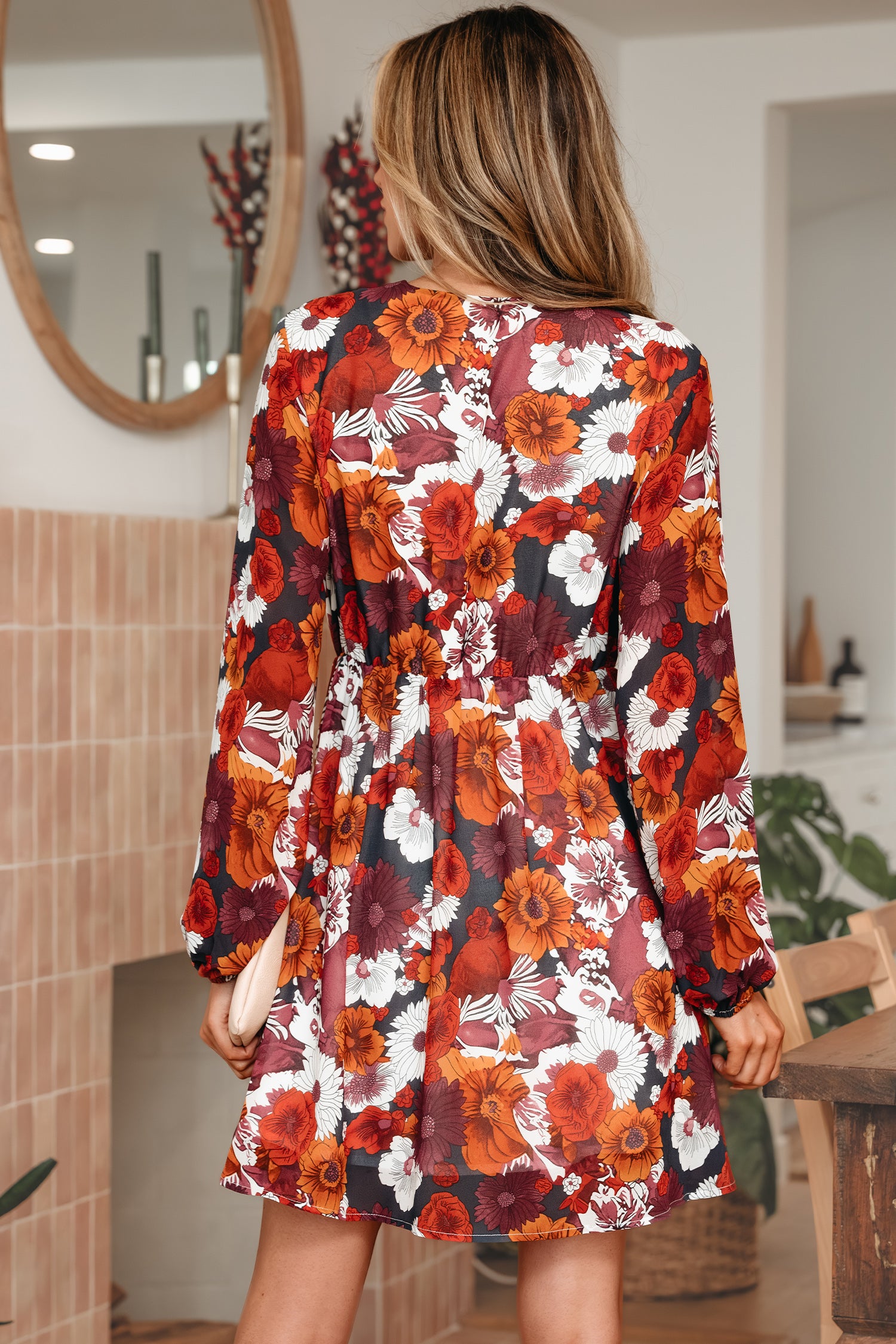 Red Floral Print Wrap V Neck Puff Sleeve Flowy Mini Dress-TOPS / DRESSES-[Adult]-[Female]-2022 Online Blue Zone Planet