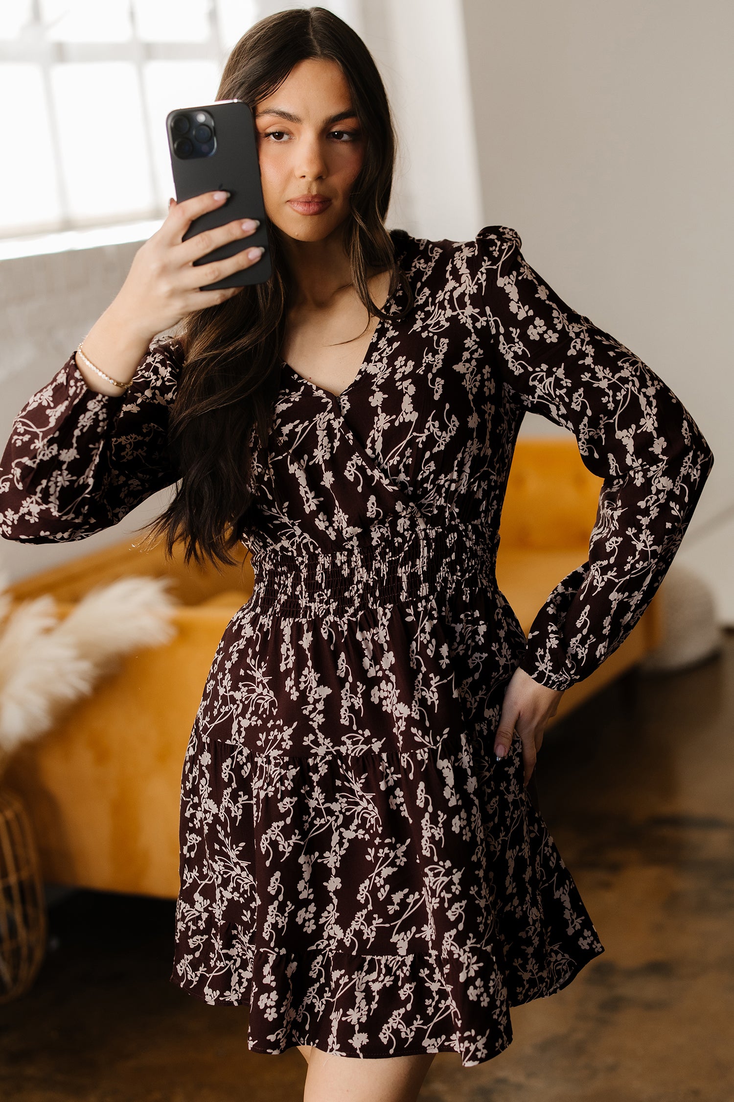 Brown Ditsy Floral Print Split Neck Long Sleeve Shirred Waist Flared Mini Dress-TOPS / DRESSES-[Adult]-[Female]-2022 Online Blue Zone Planet
