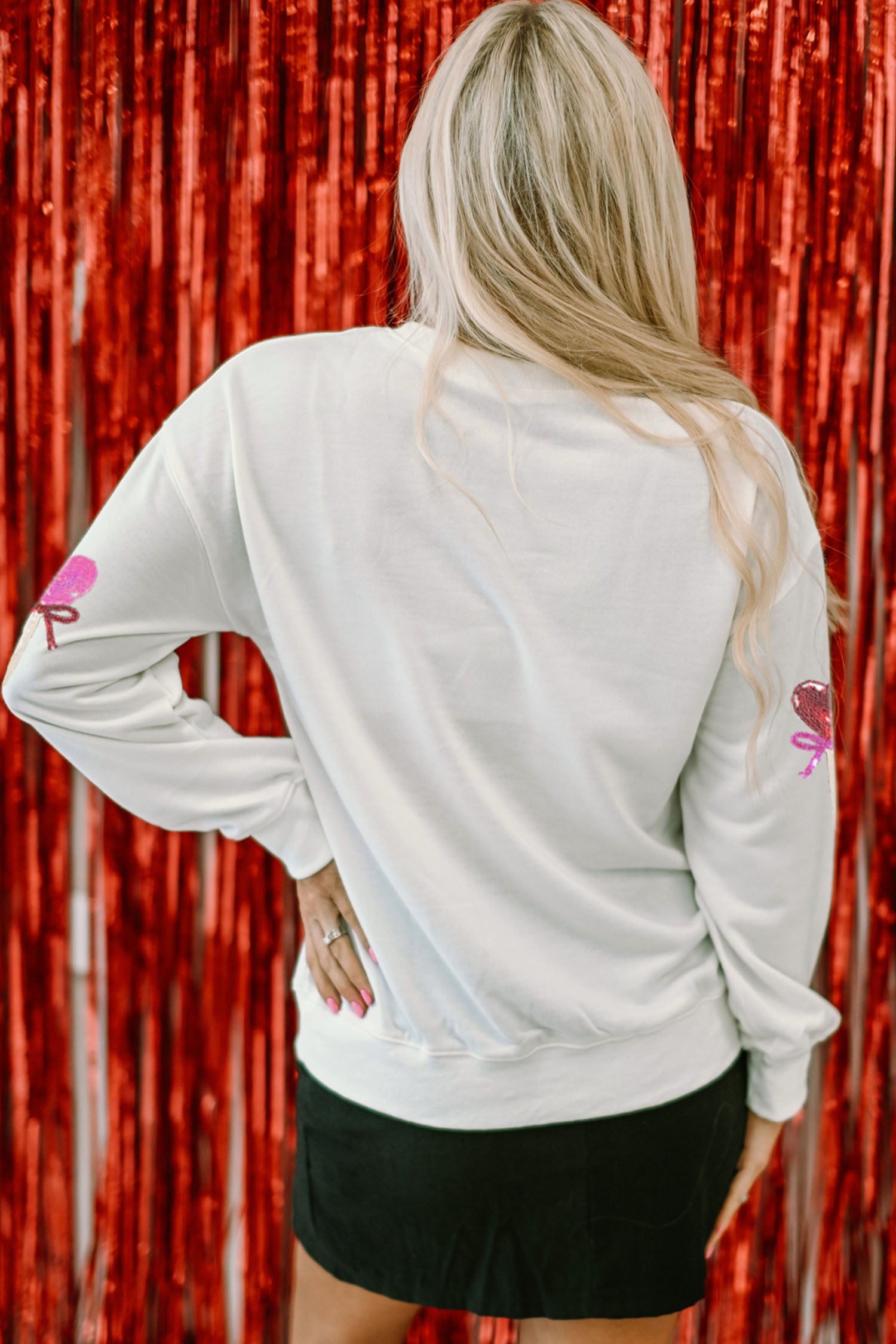 White Sequin Bow Heart Shape Lolly Valentines Day Graphic Sweatshirt-Graphic Sweatshirts-[Adult]-[Female]-2022 Online Blue Zone Planet