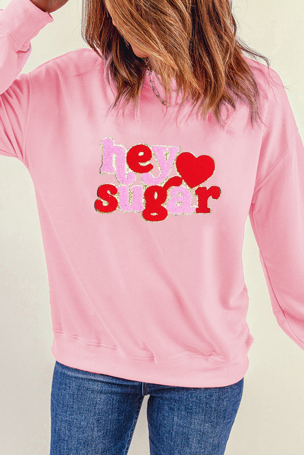 Pink Chenille Heart Pattern Valentines Graphic Sweatshirt-Graphic Sweatshirts-[Adult]-[Female]-2022 Online Blue Zone Planet