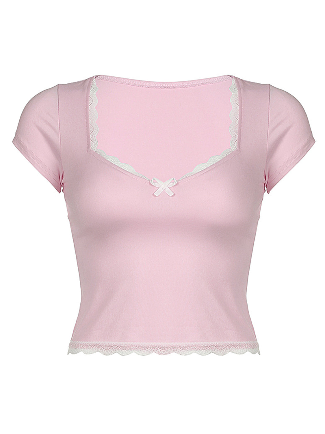 Lace Detail Sweetheart Neck Short Sleeve T-Shirt-TOPS / DRESSES-[Adult]-[Female]-2022 Online Blue Zone Planet