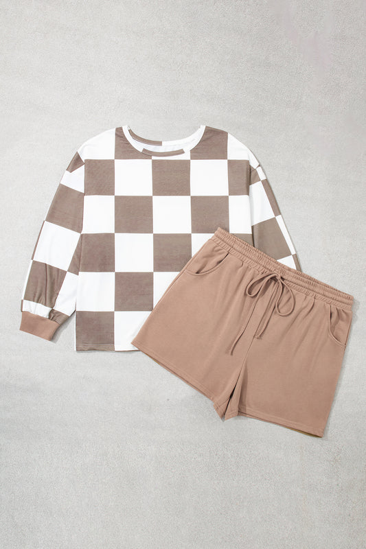Khaki Checkered Contrast Long Sleeve Top Solid Shorts Plus Size 2pcs Set-Plus Size/Plus Size Loungewear-[Adult]-[Female]-Khaki-1X-2022 Online Blue Zone Planet