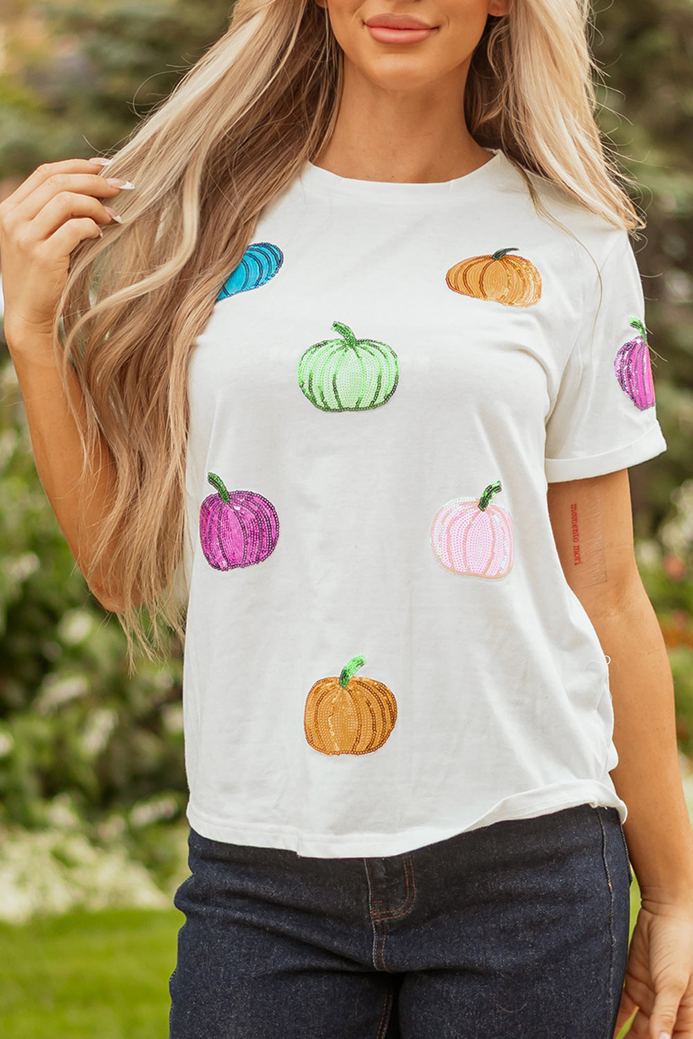 White Sequin Pumpkin Patched Cotton Blend T Shirt-Graphic/Graphic Tees-[Adult]-[Female]-2022 Online Blue Zone Planet