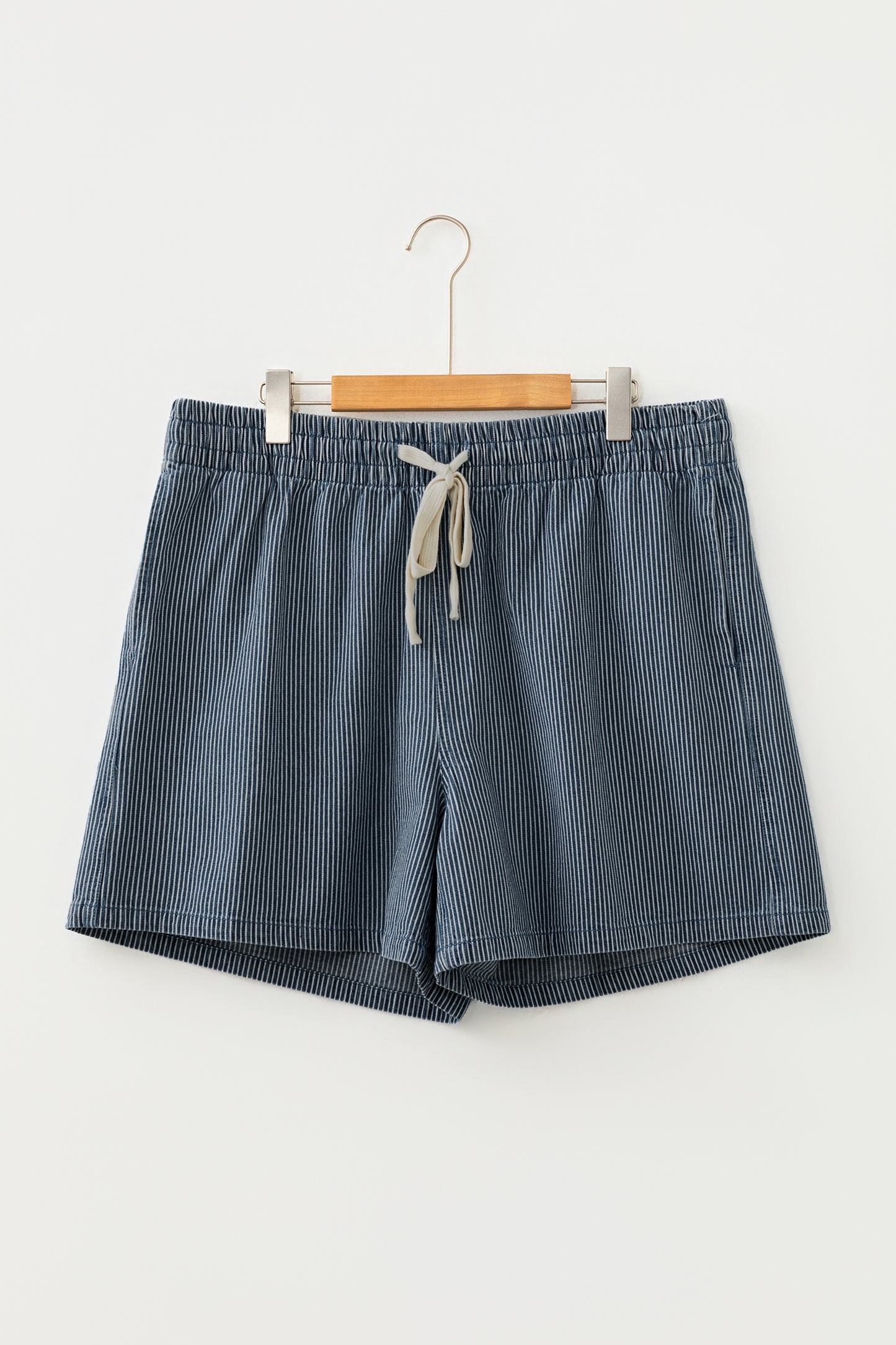 Blue Stripe Plus Size Contrast Drawstring Elastic Waist Denim Shorts-Plus Size/Plus Size Bottoms-[Adult]-[Female]-2022 Online Blue Zone Planet