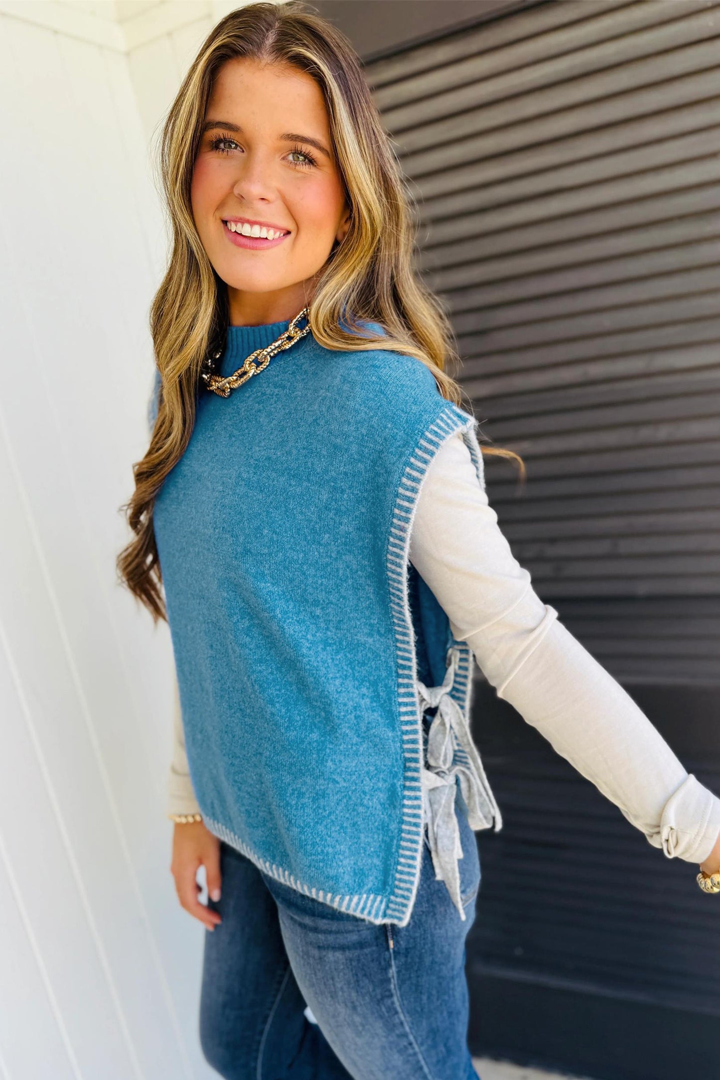 Blue Contrast Stitch Trim Knot Side Mock Neck Sweater Vest-Sweaters & Cardigans/Sweater Vests-[Adult]-[Female]-2022 Online Blue Zone Planet