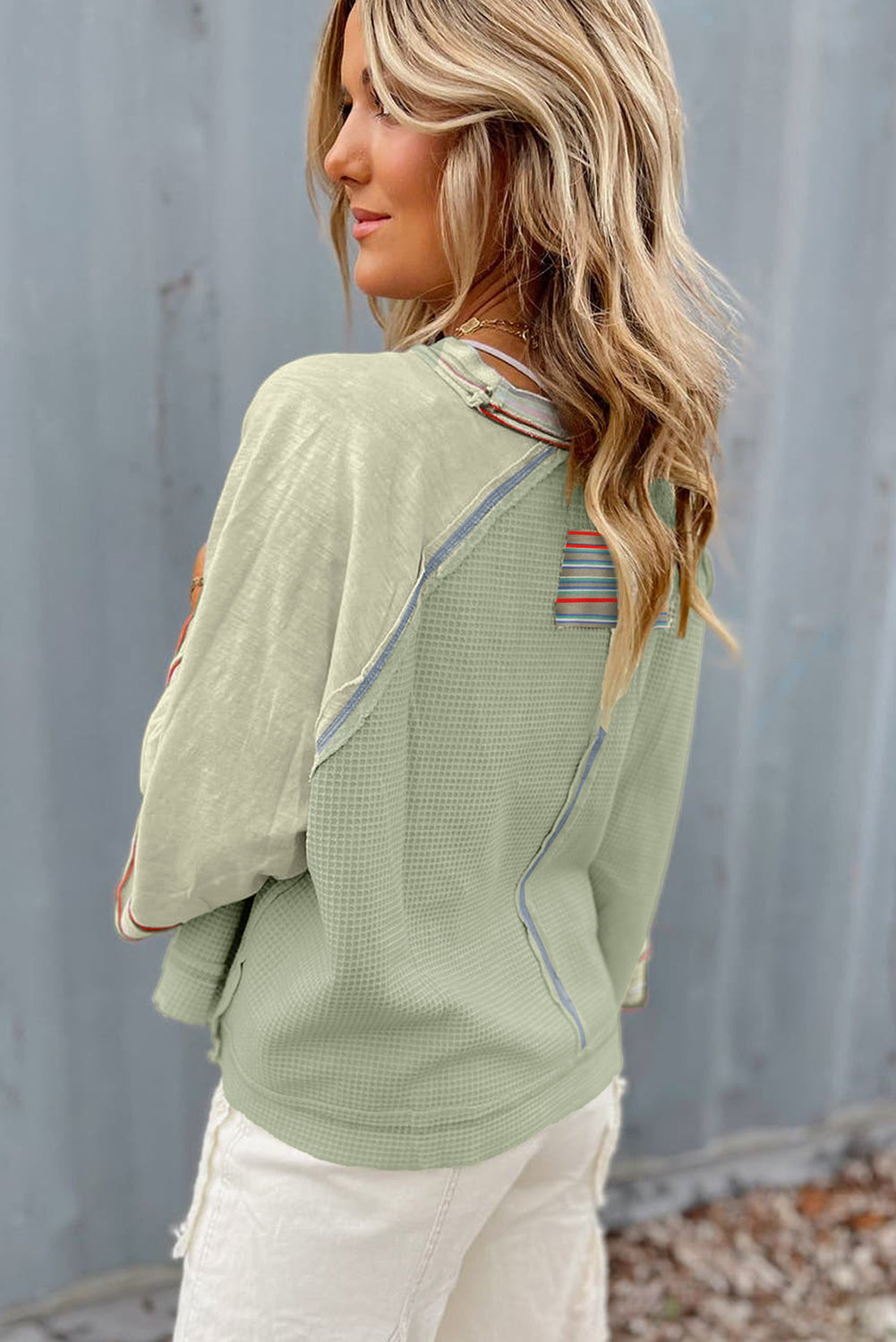 Blue Zone Planet | Meadow Mist Green Waffle Knit Wide Bracelet Sleeve Patchwork Raglan Top-Tops/Long Sleeve Tops-[Adult]-[Female]-2022 Online Blue Zone Planet