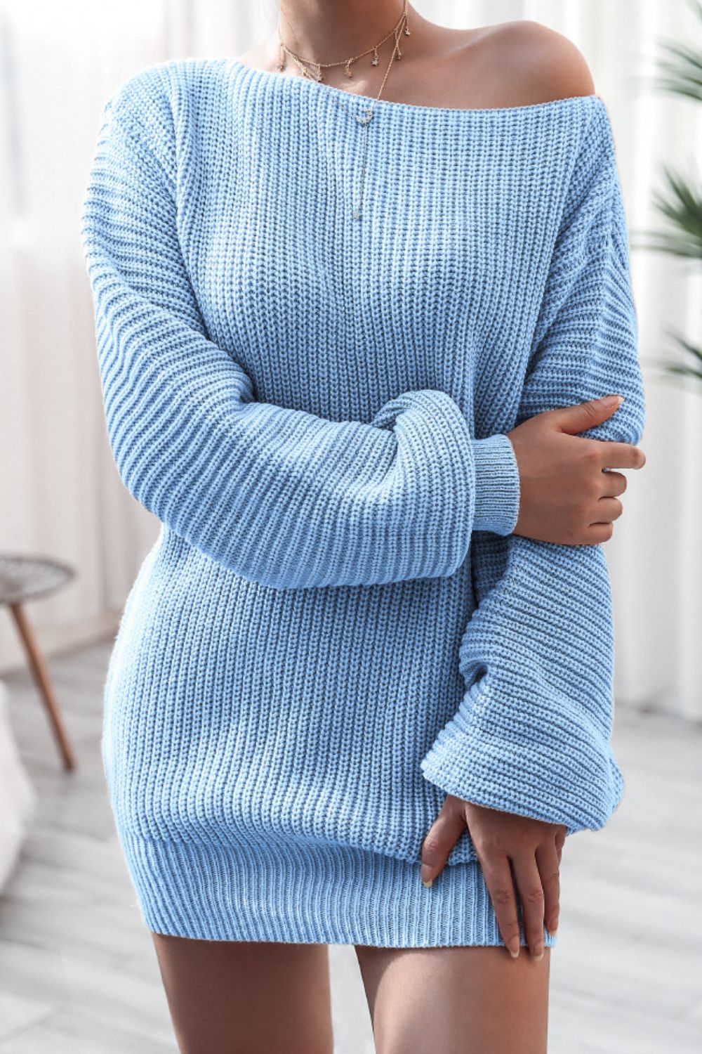 Boat Neck Long Sleeve Mini Sweater Dress-TOPS / DRESSES-[Adult]-[Female]-Light Blue-S-2022 Online Blue Zone Planet