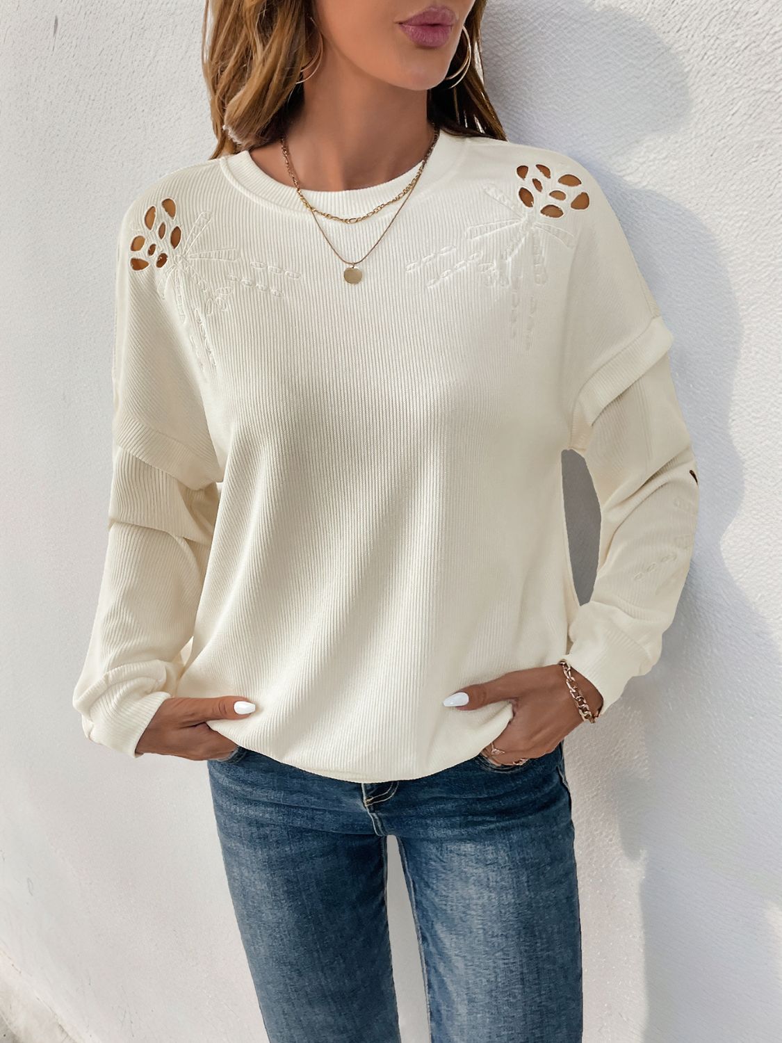 Perfee Cutout Round Neck Long Sleeve Sweatshirt-TOPS / DRESSES-[Adult]-[Female]-Cream-S-2022 Online Blue Zone Planet