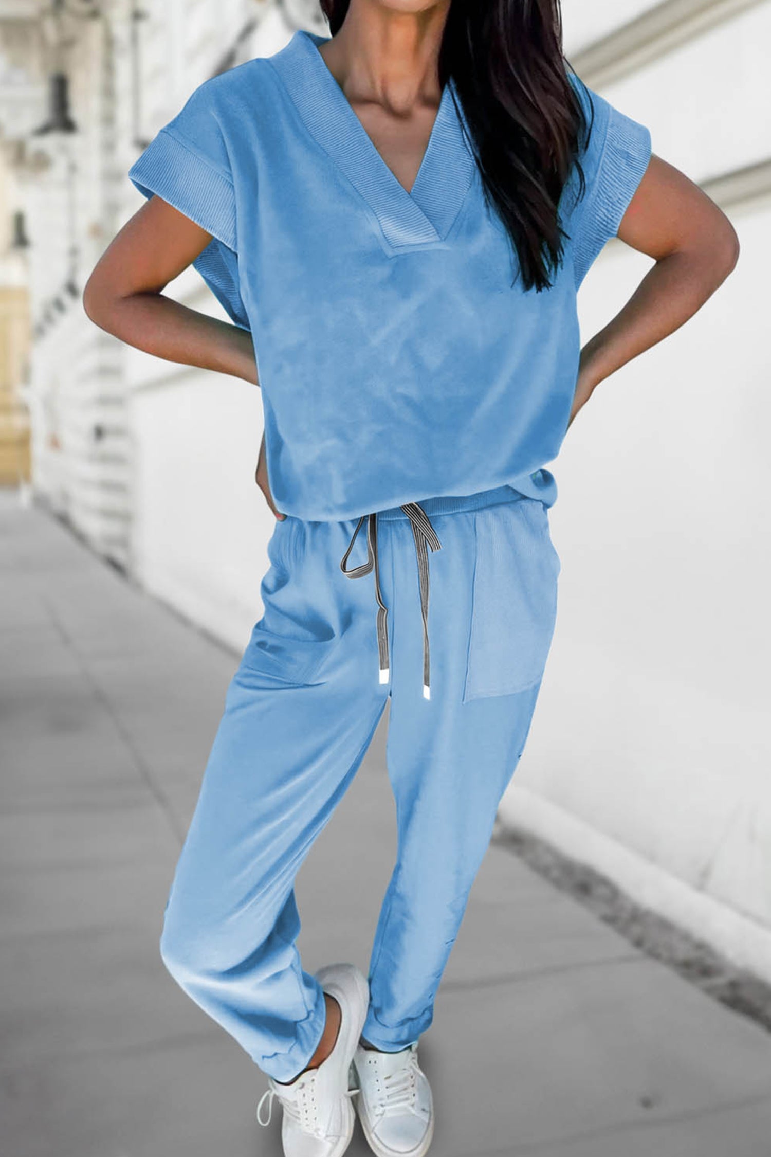 Beau Blue Solid Color V Neck Tee Drawstring Pant Set-Two Piece Sets/Pant Sets-[Adult]-[Female]-2022 Online Blue Zone Planet